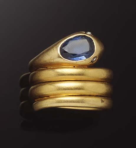 A Victorian gentleman's 18ct gold mounted snake ring,