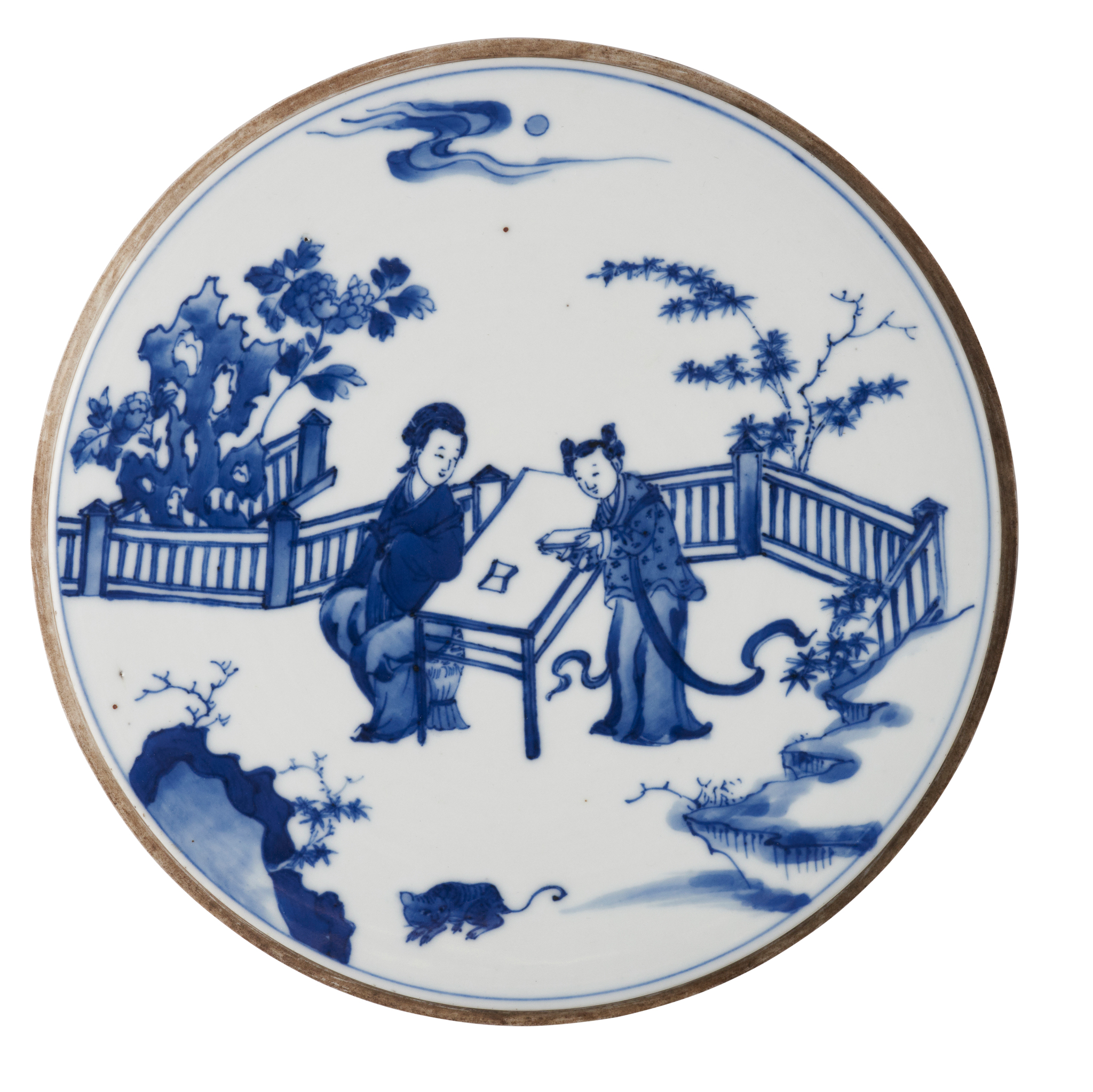 CHINESE BLUE AND WHITE 'LADIES' CIRCULAR PORCELAIN PLAQUE