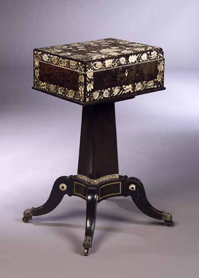 An early 19th century Goanese ebony and ivory inlaid teapoy