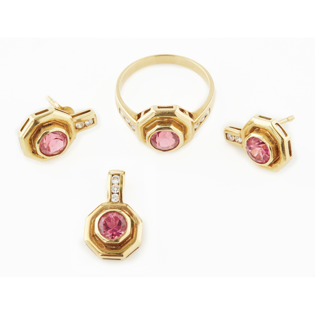 A suite of diamond and pink tourmaline set jewellery