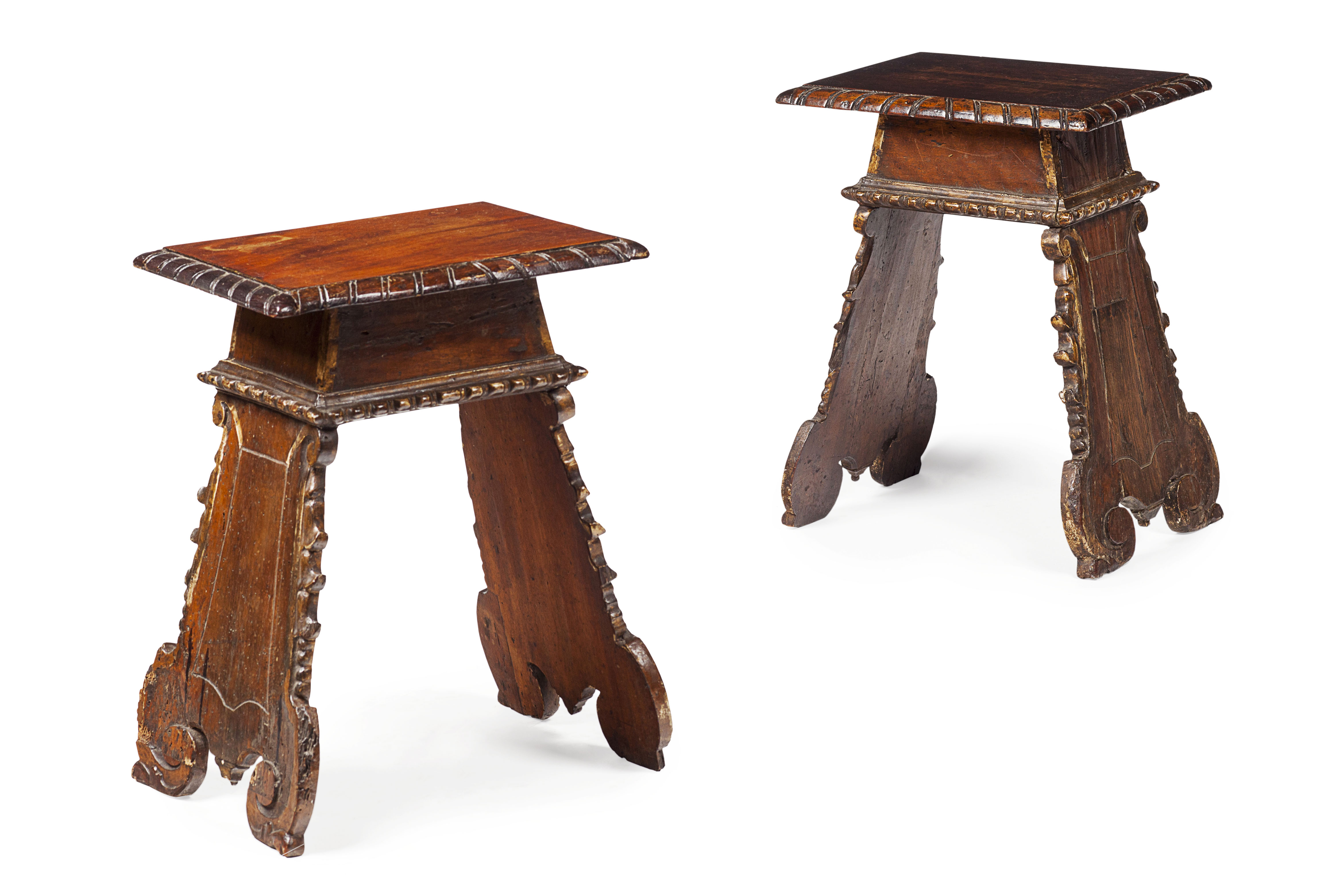 PAIR OF ITALIAN WALNUT AND PARCEL GILT STOOLS