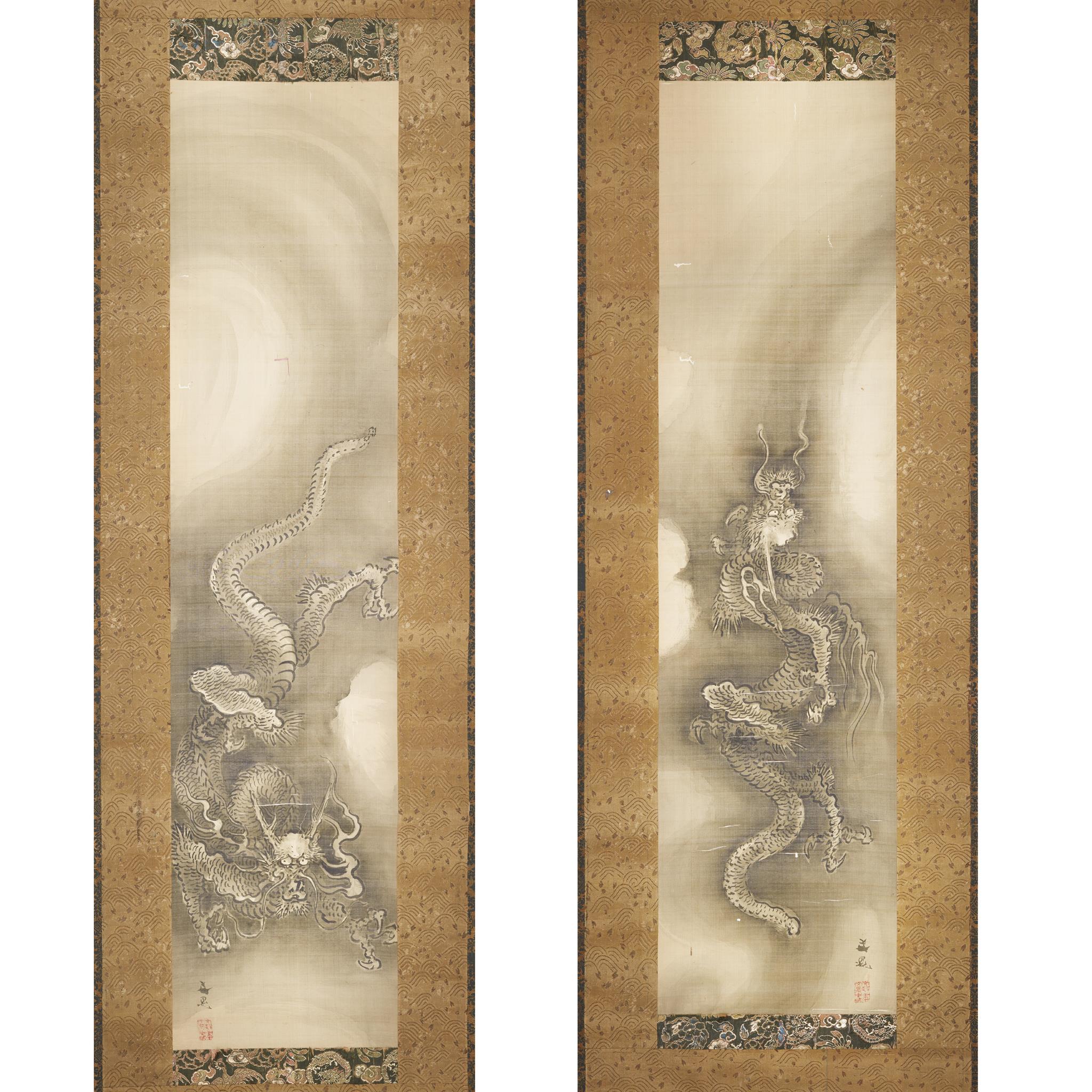 TWO INK SCROLL PAINTINGS OF DRAGONS
