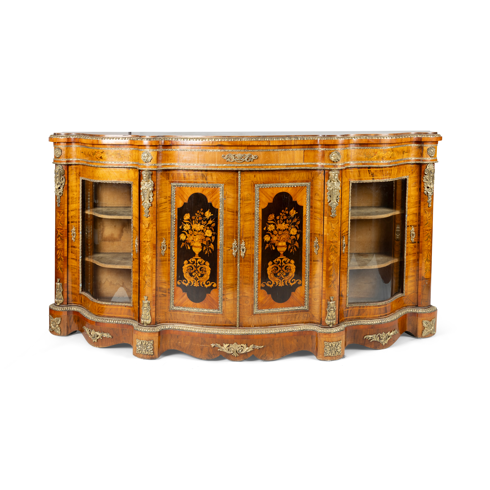 A PAIR OF LATE VICTORIAN WALNUT, MARQUETRY INLAY AND GILT METAL MOUNTED CREDENZAS
