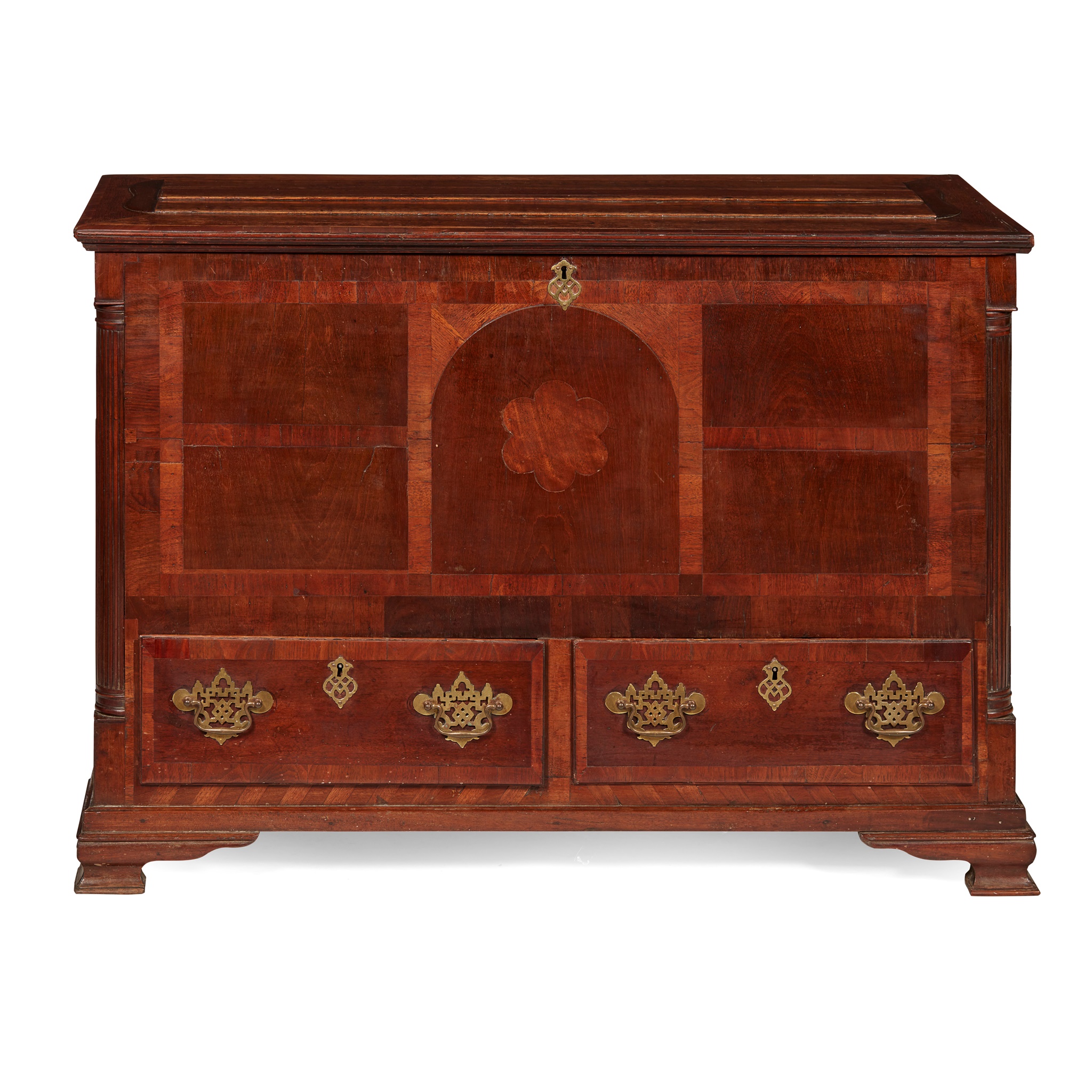 GEORGIAN LANCASHIRE OAK AND WALNUT MULE CHEST