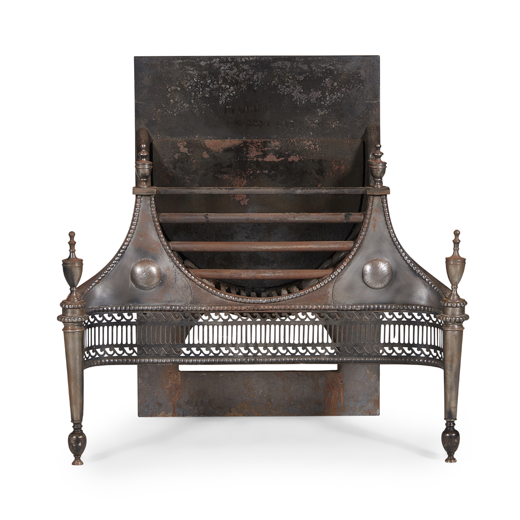 GEORGE III STEEL AND IRON FIRE BASKET, IN THE MANNER OF ROBERT ADAM