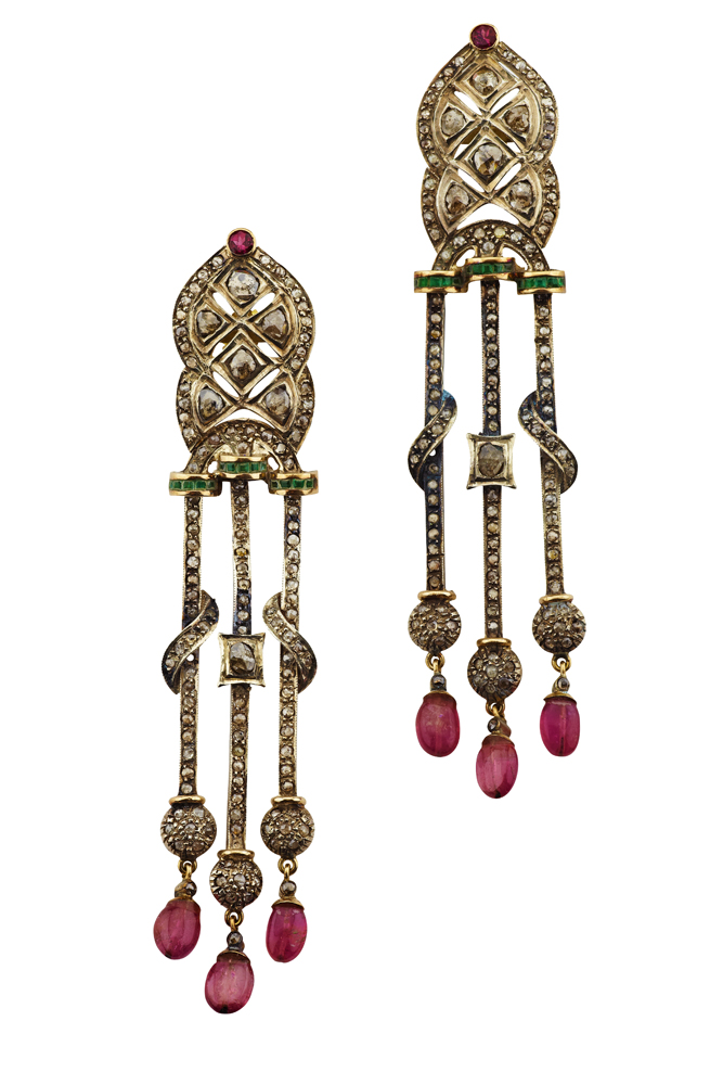 A pair of unusual multi-gem set pendant earrings