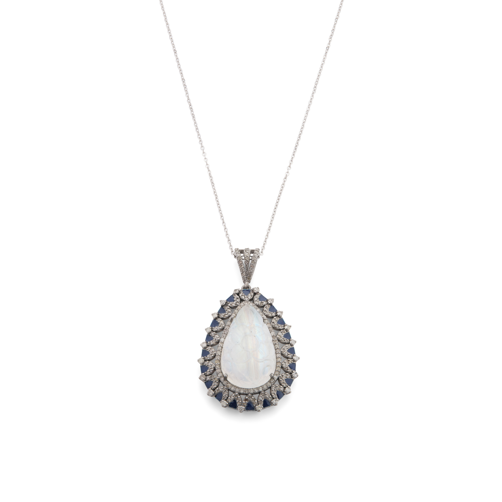 A carved moonstone, enamel and diamond pendant necklace