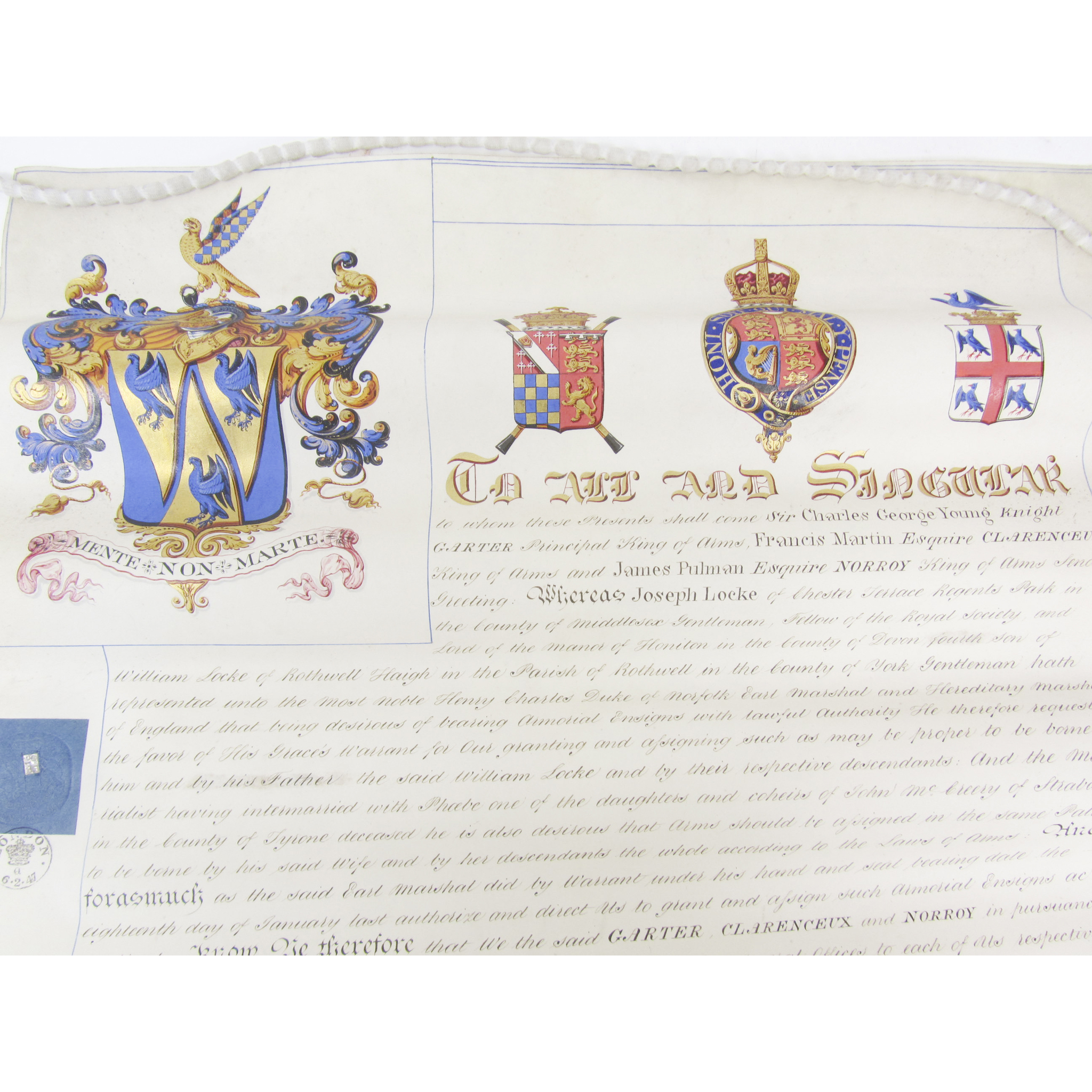 College of Arms, Grant and Assign of Arms to Joseph Locke, 1805-60, Civil Engineer, Pioneer of Railway Development - Barnsley