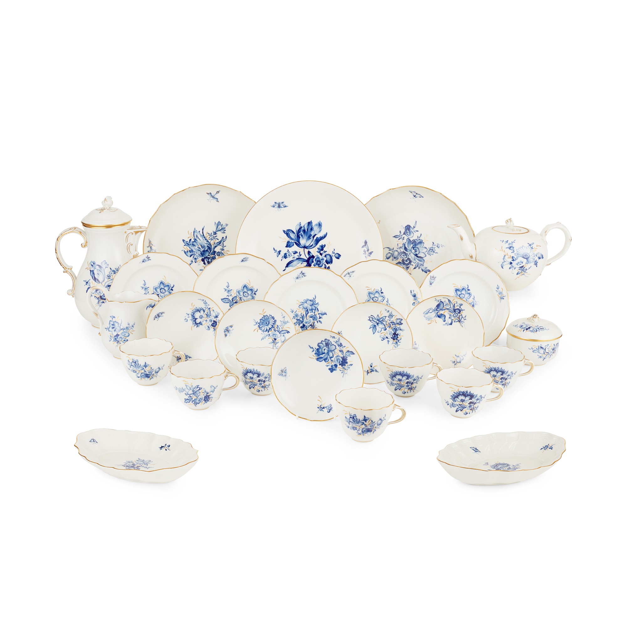 ASSEMBLED MEISSEN BLUE FLORAL PAINTED AND GILT TEA/COFFEE SERVICE