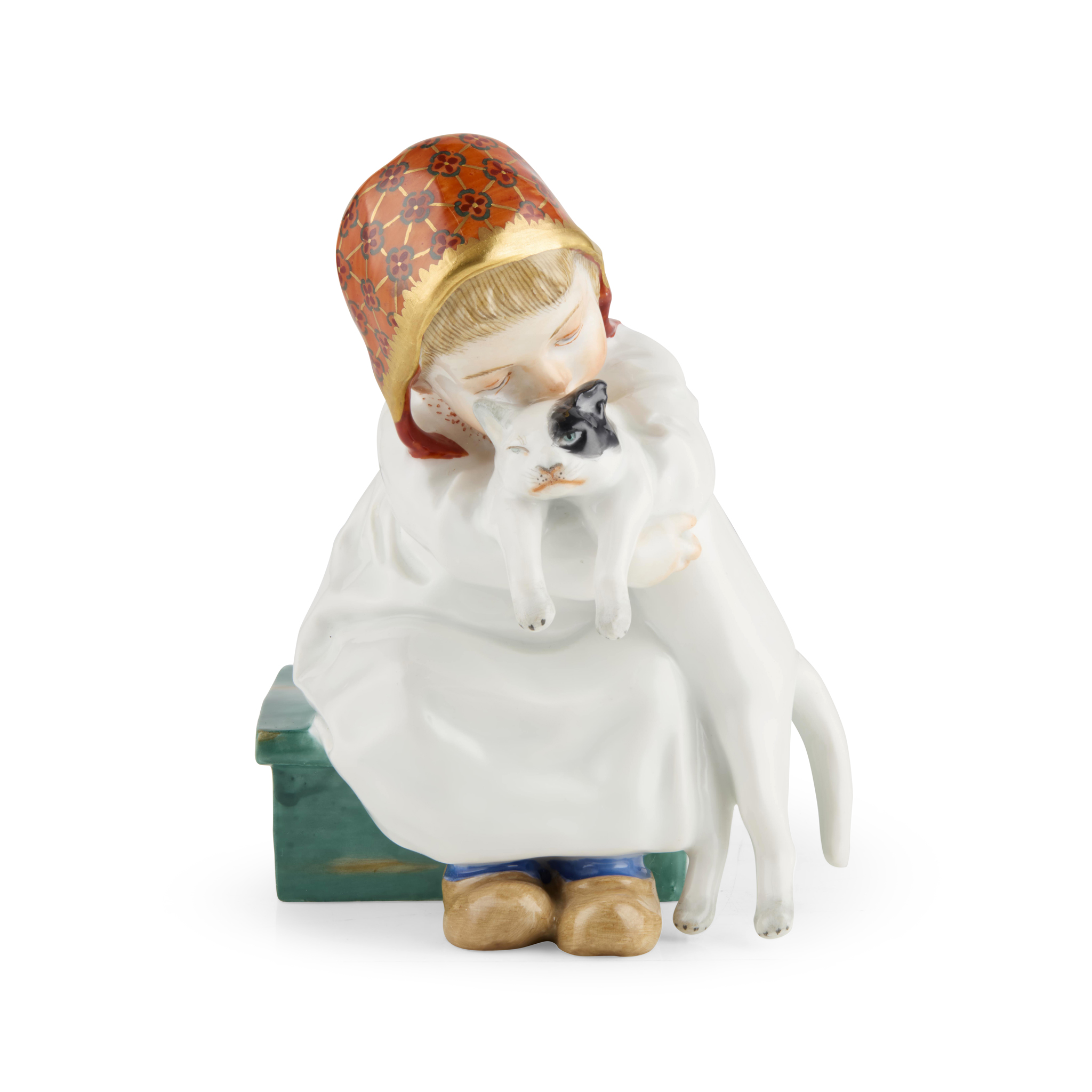 MEISSEN PORCELAIN FIGURE OF A GIRL HOLDING A KITTEN