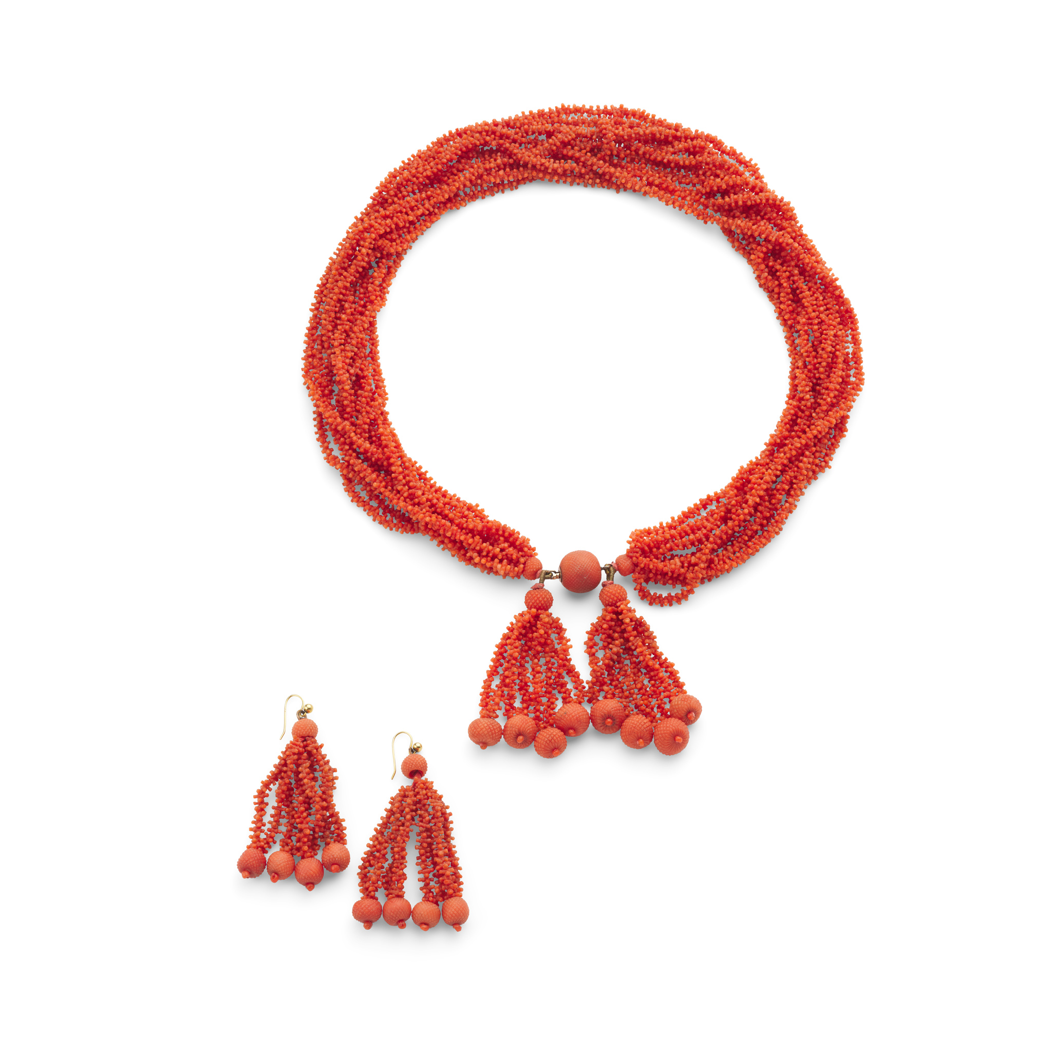 A carved coral necklace and earrings, early to mid 19th century