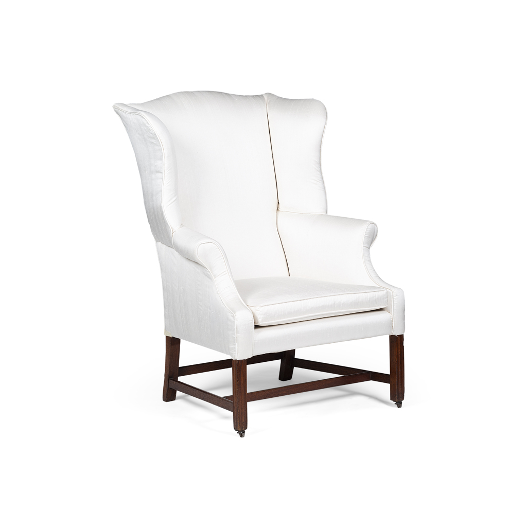LATE GEORGE III MAHOGANY FRAMED WINGBACK ARMCHAIR