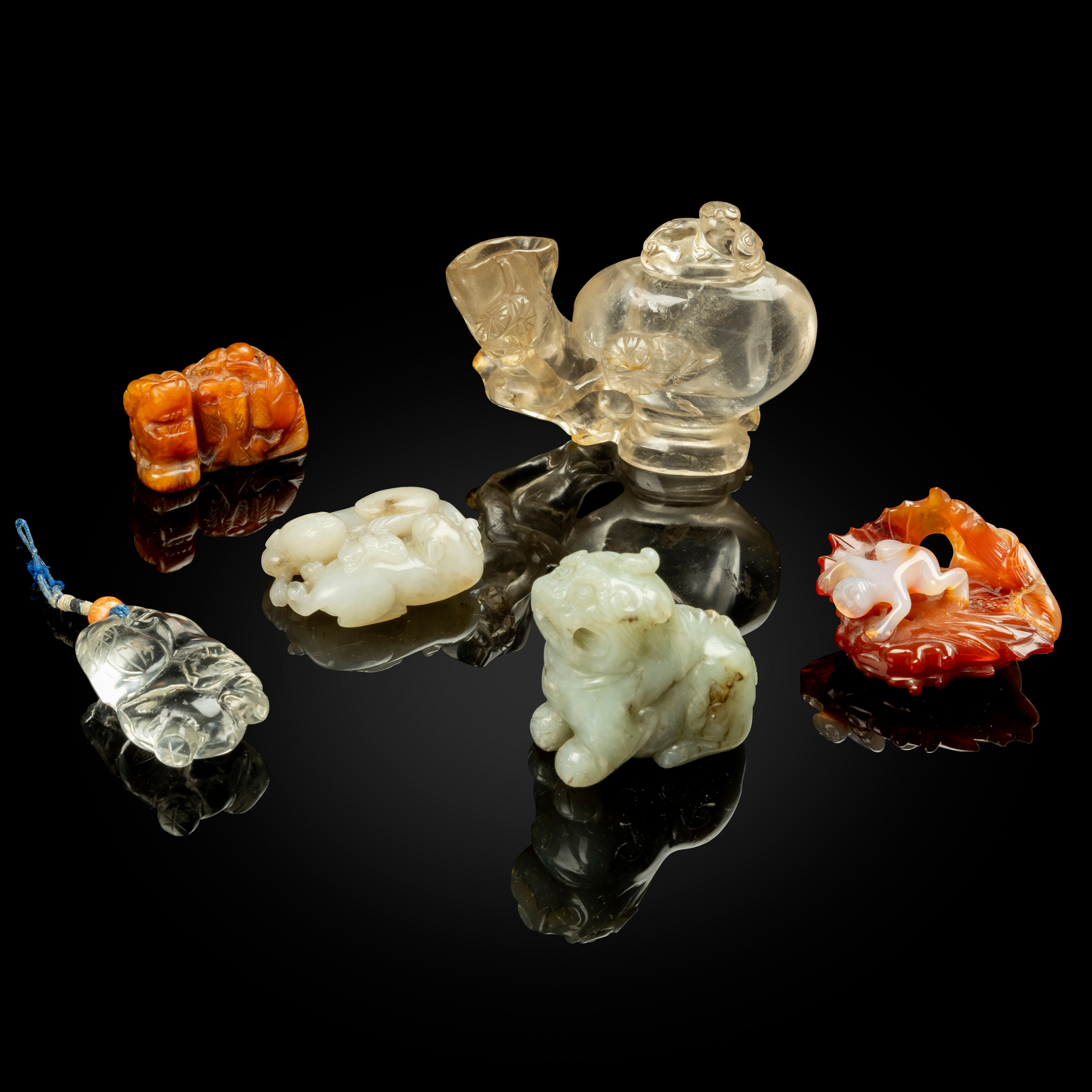 GROUP OF SIX CHINESE JADE, AGATE AND ROCK CRYSTAL PIECES