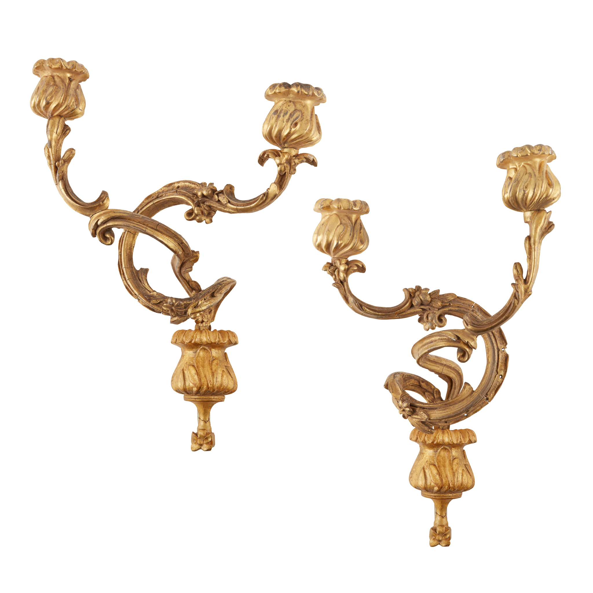 PAIR OF FRENCH GILT GESSO TWO BRANCH WALL APPLIQUES