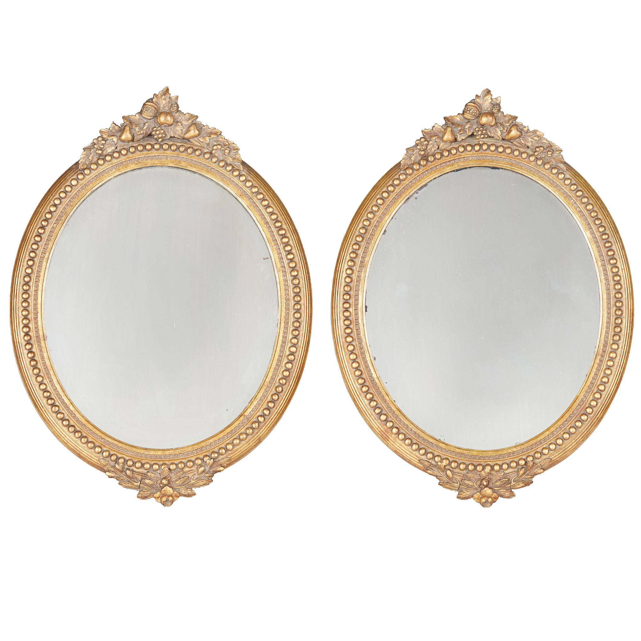 PAIR OF LATE VICTORIAN OVAL GILTWOOD AND GESSO WALL MIRRORS