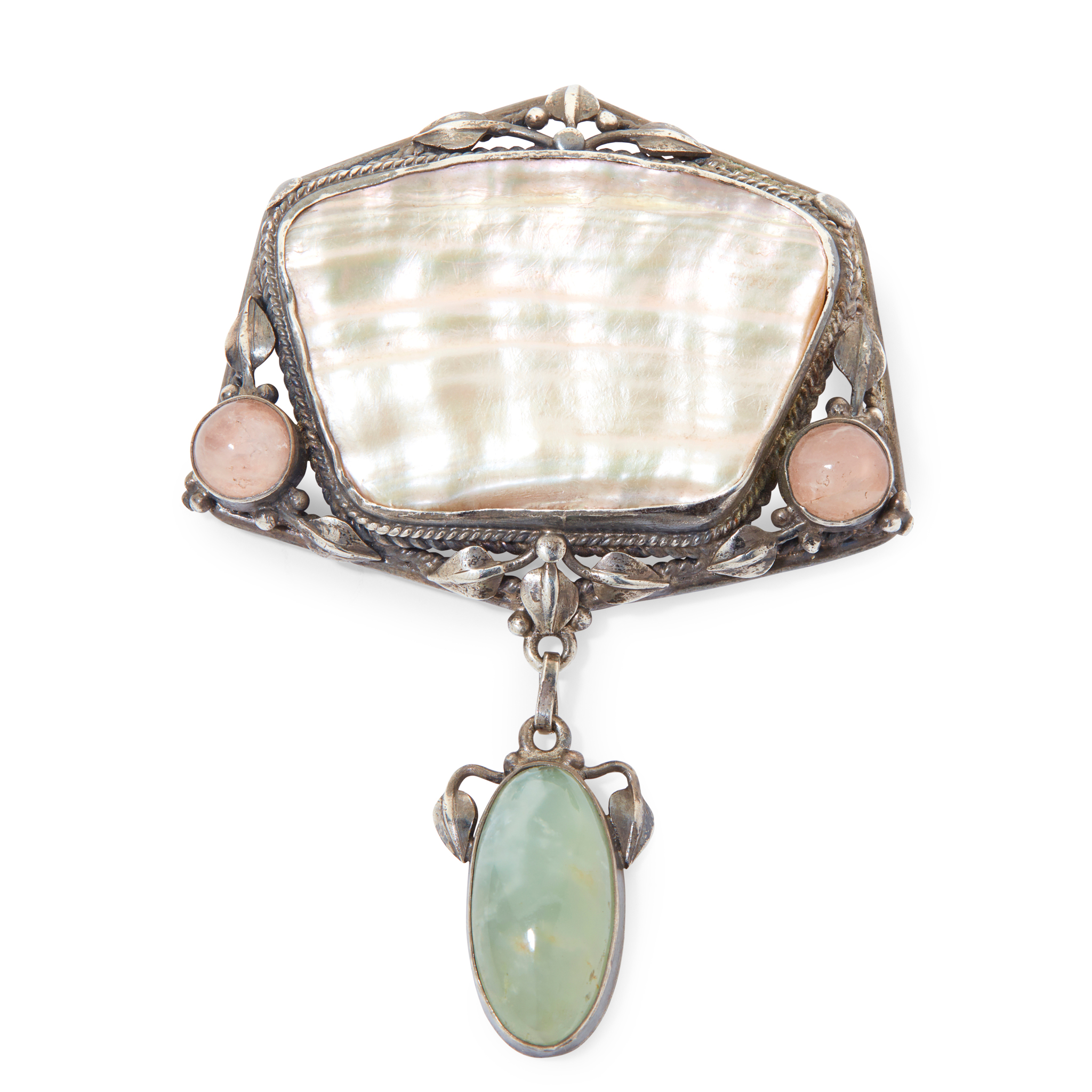 A mother of pearl and gem-set Arts & Crafts brooch