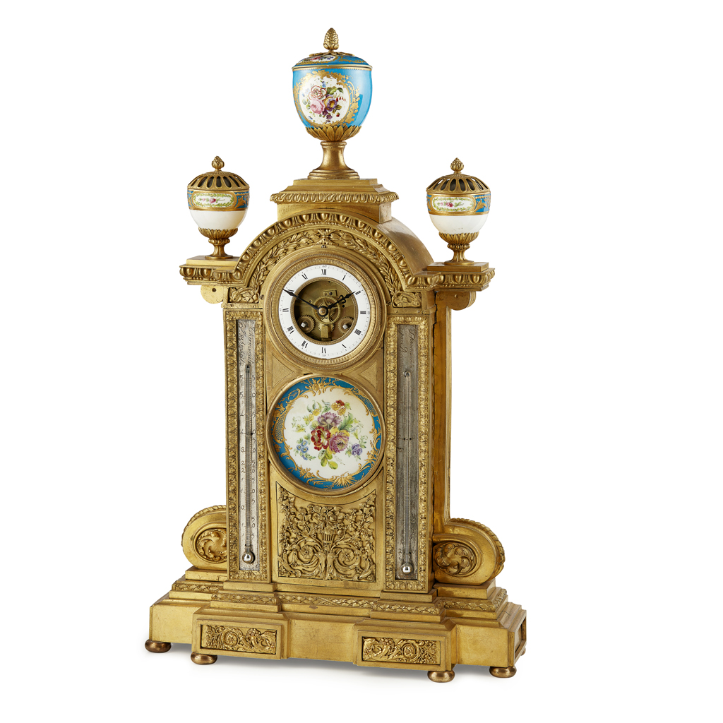 FRENCH GILT METAL AND PORCELAIN COMBINATION MANTEL CLOCK