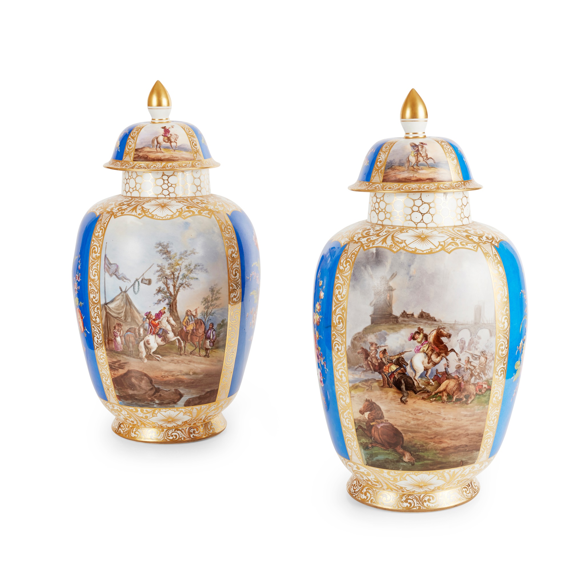PAIR OF LARGE DRESDEN AUGUSTUS REX STYLE VASES
