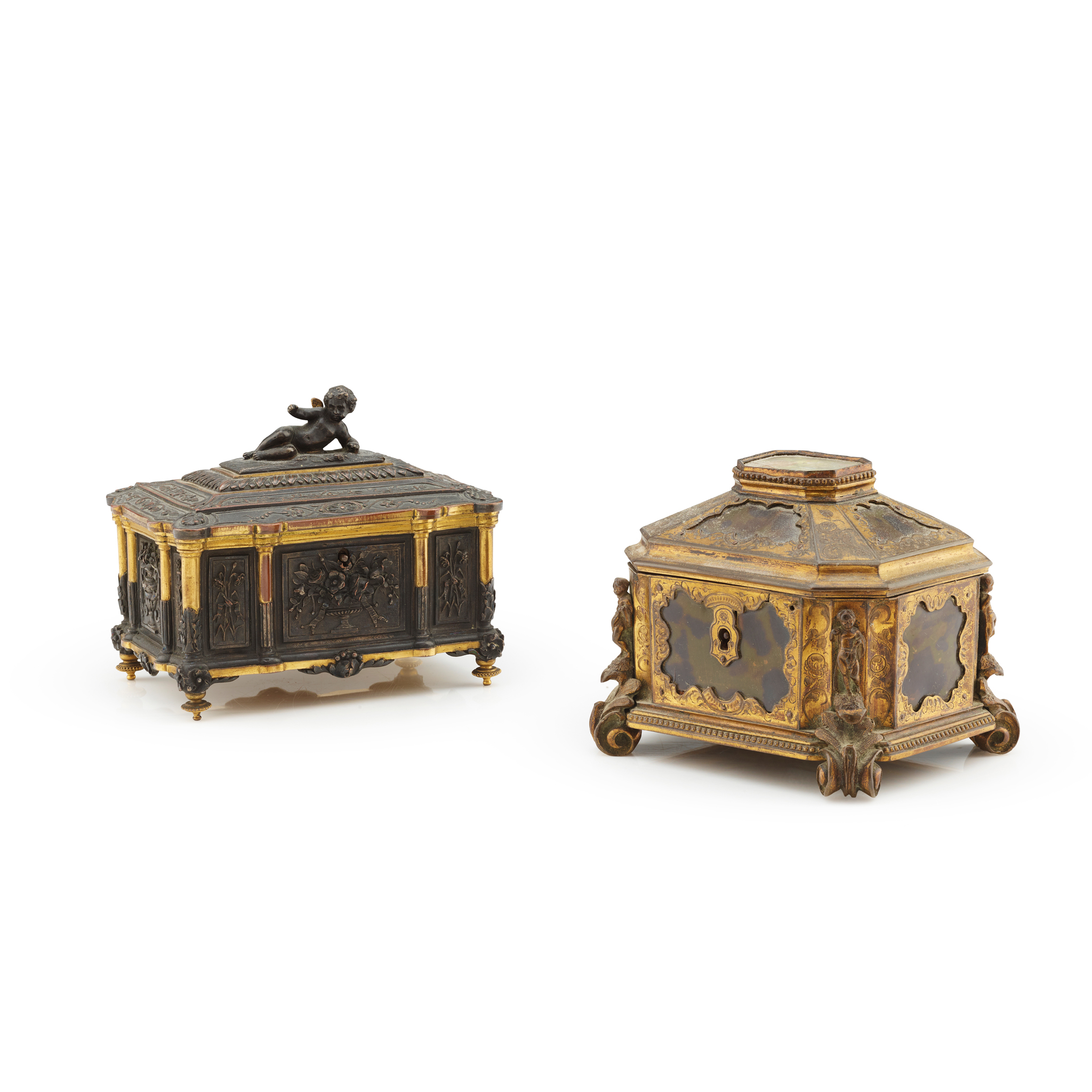 TWO FRENCH RENAISSANCE STYLE GILT JEWELLERY CASKET