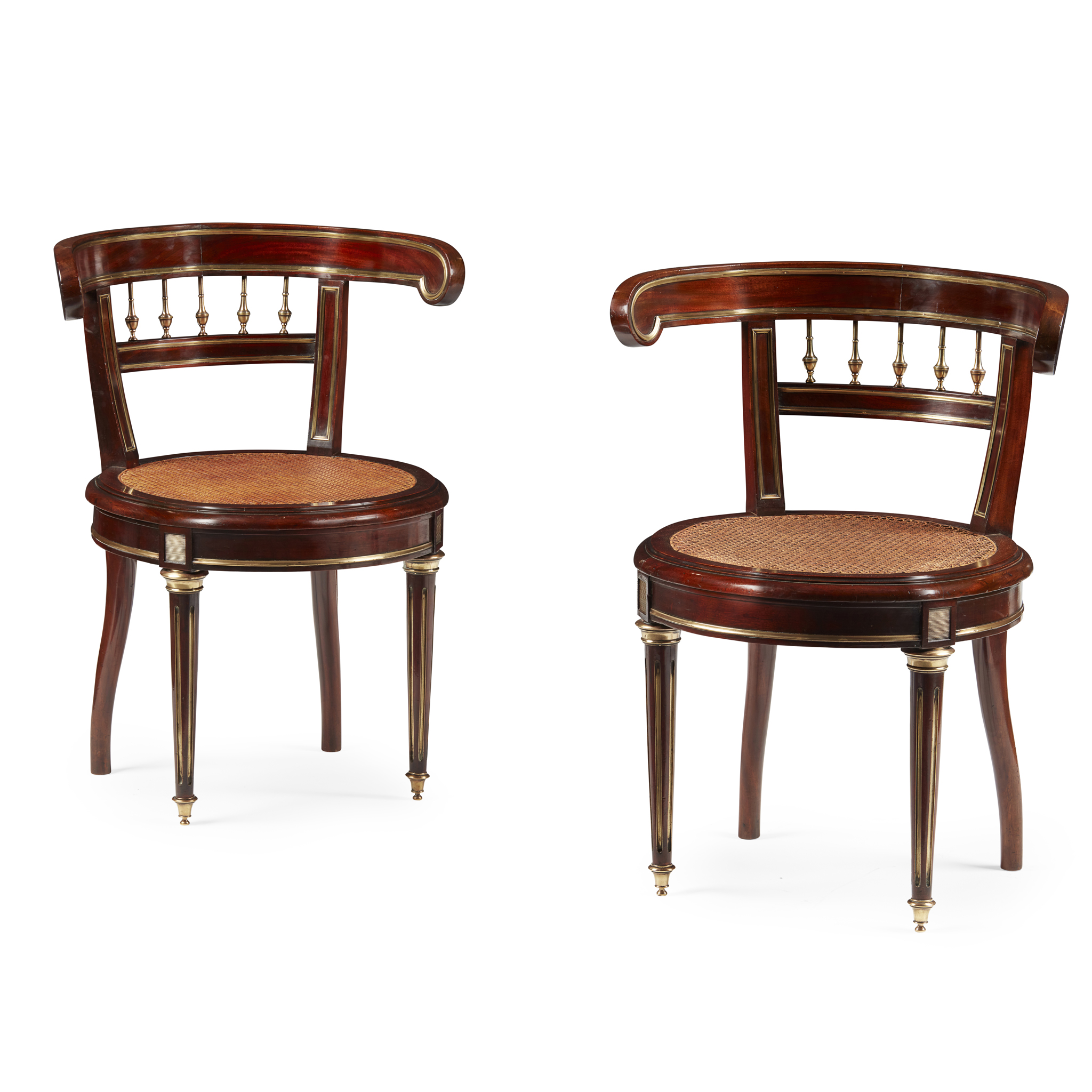 PAIR OF FRENCH EMPIRE STYLE MAHOGANY AND BRASS SALON CHAIRS