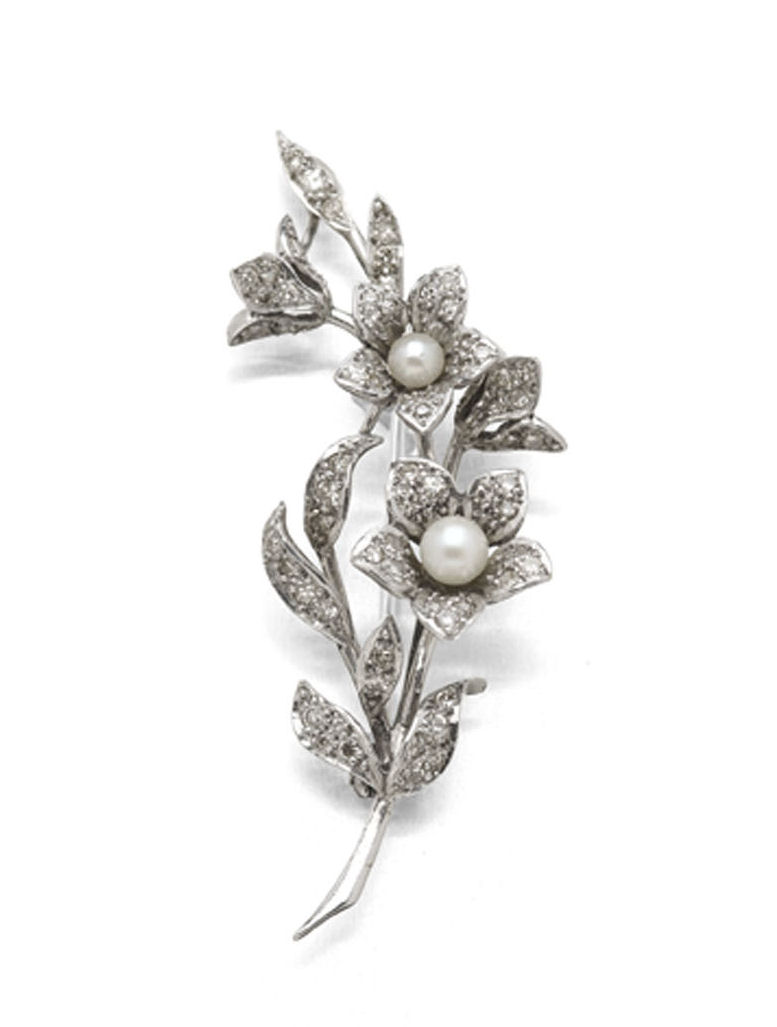 A 9ct white gold mounted foliate spray brooch,