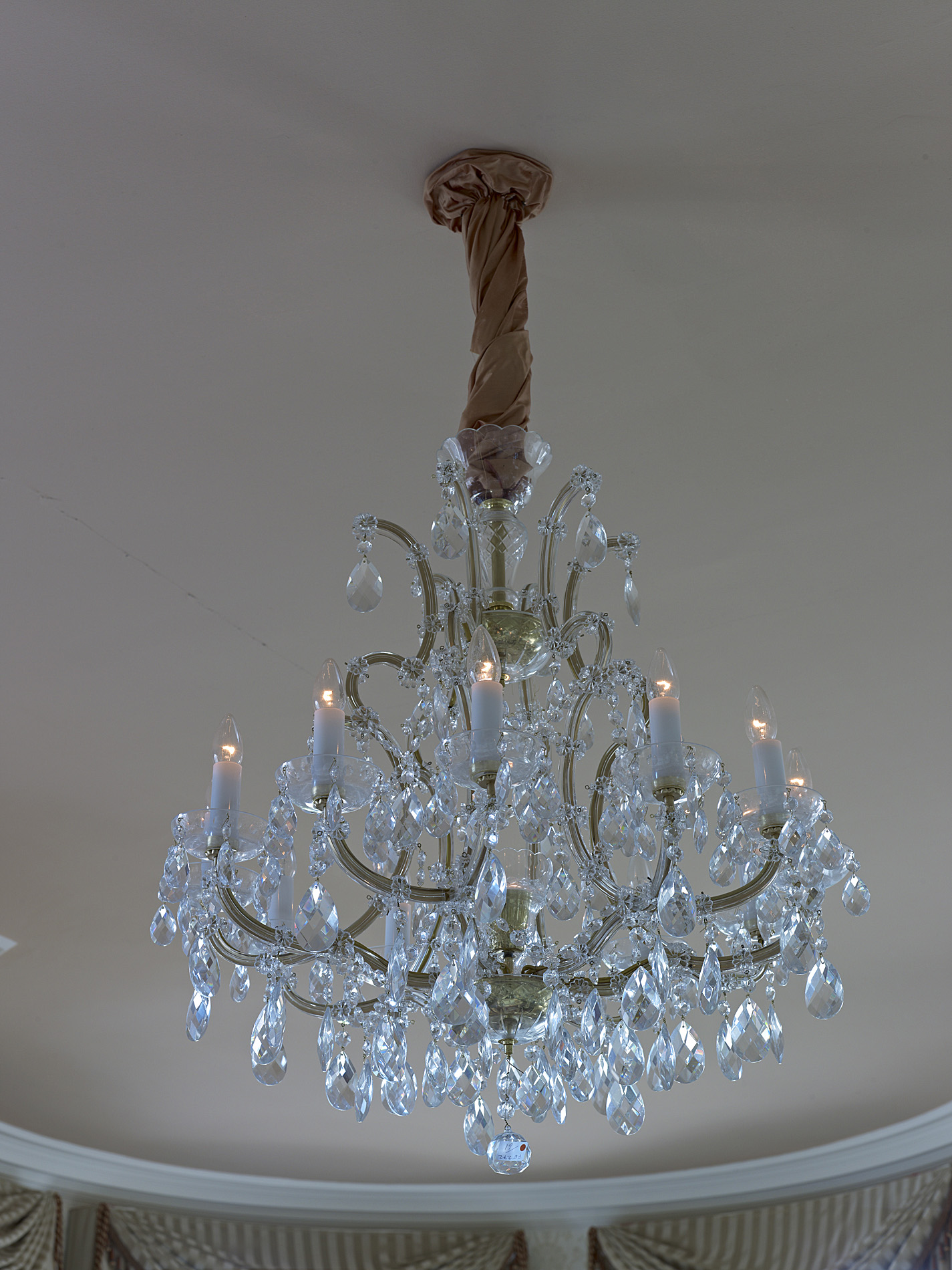 GLASS AND BRASS TWELVE BRANCH CHANDELIER