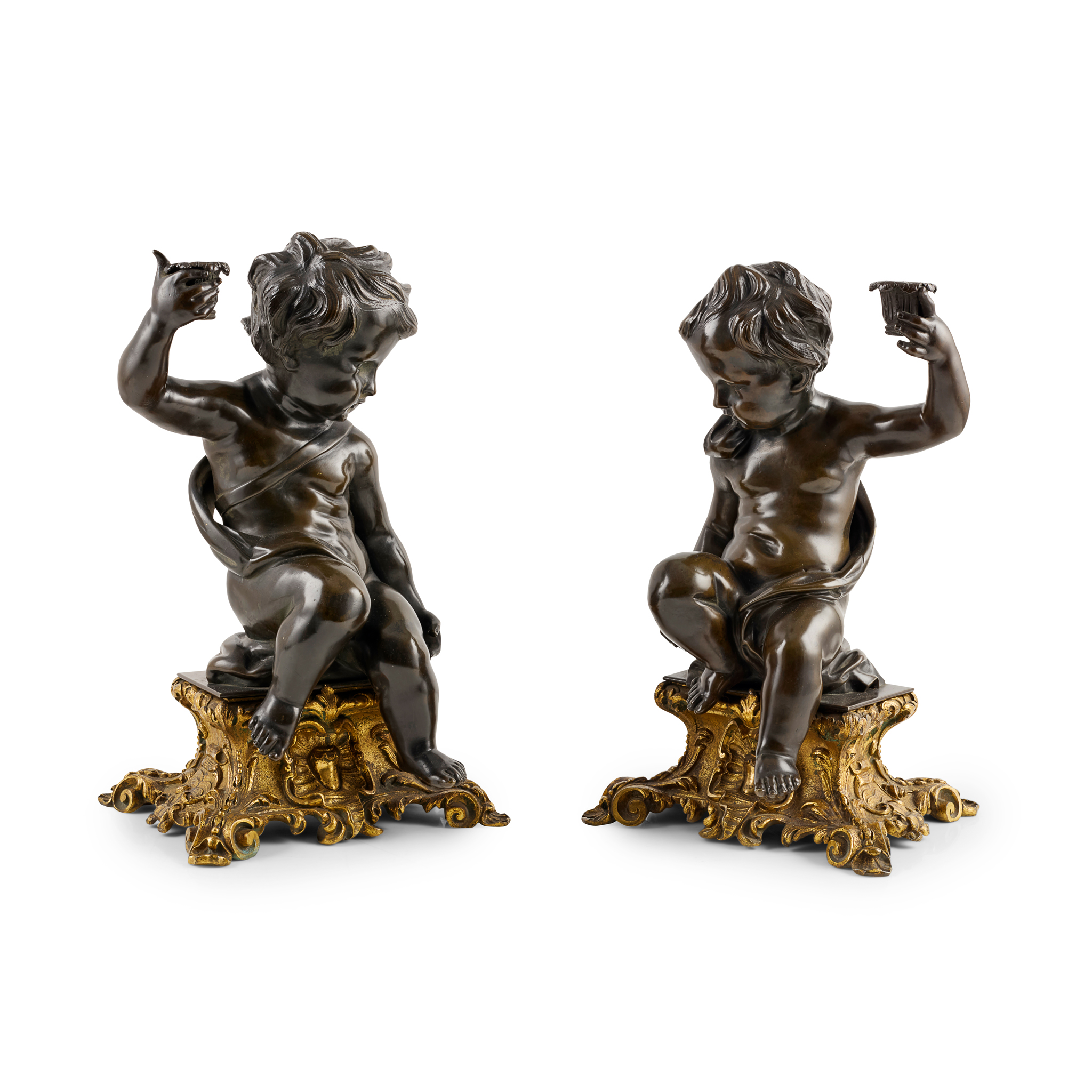 PAIR OF FRENCH GILT AND PATINATED BRONZE FIGURAL CANDLESTICKS, AFTER CLODION