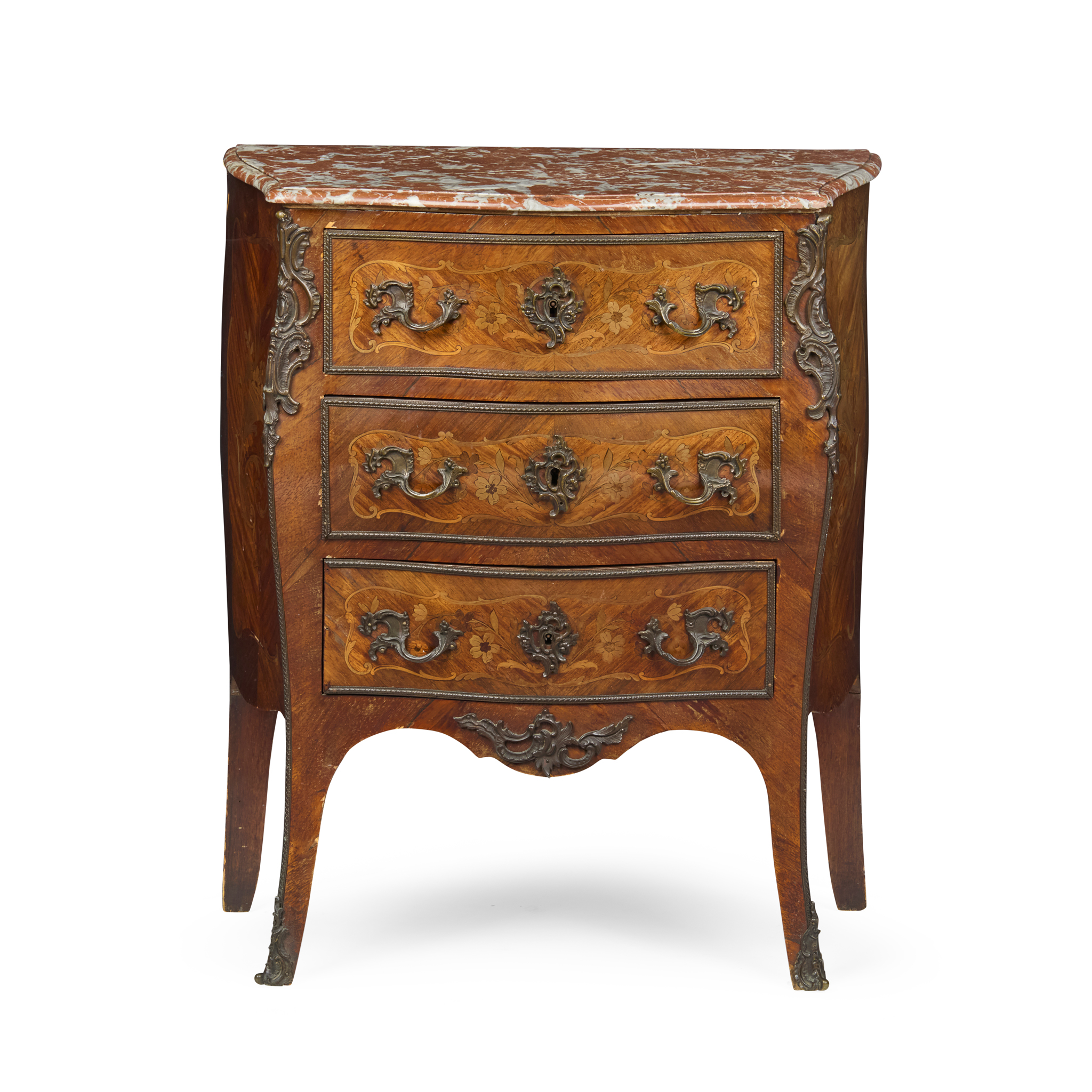 FRENCH KINGWOOD AND MARQUETRY SMALL MARBLE TOPPED COMMODE