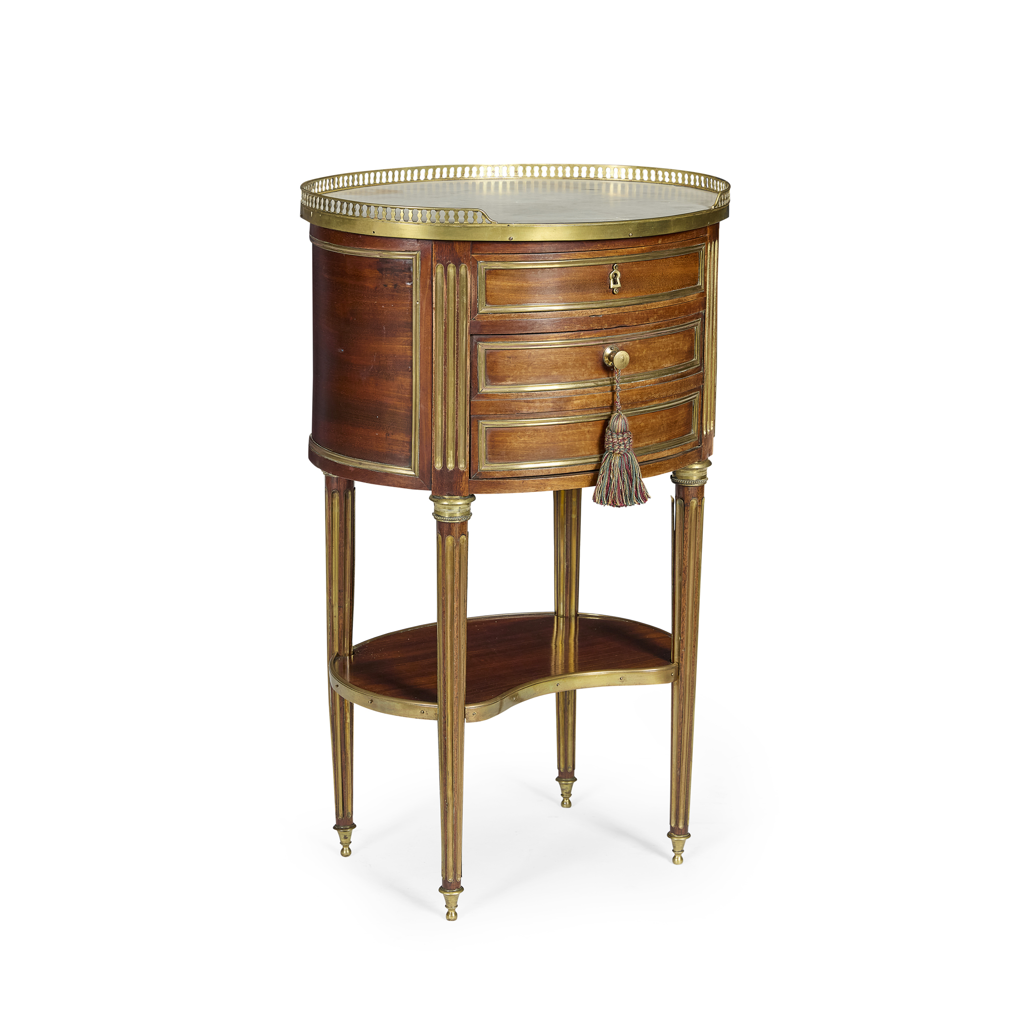 LOUIS XVI STYLE MAHOGANY, BRASS BANDED, AND MARBLE TOPPED TABLE DE CHEVET
