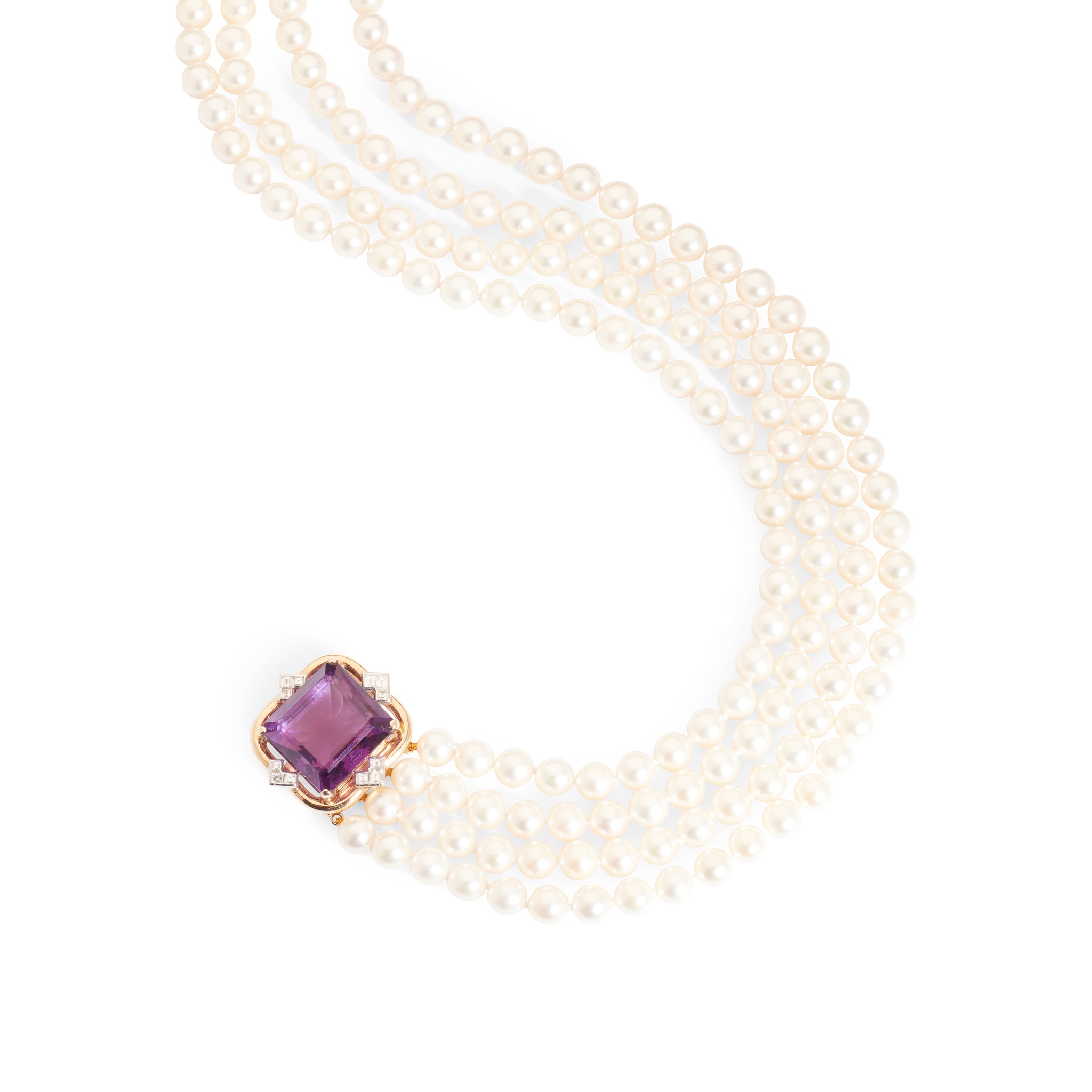 An amethyst, diamond and cultured pearl necklace