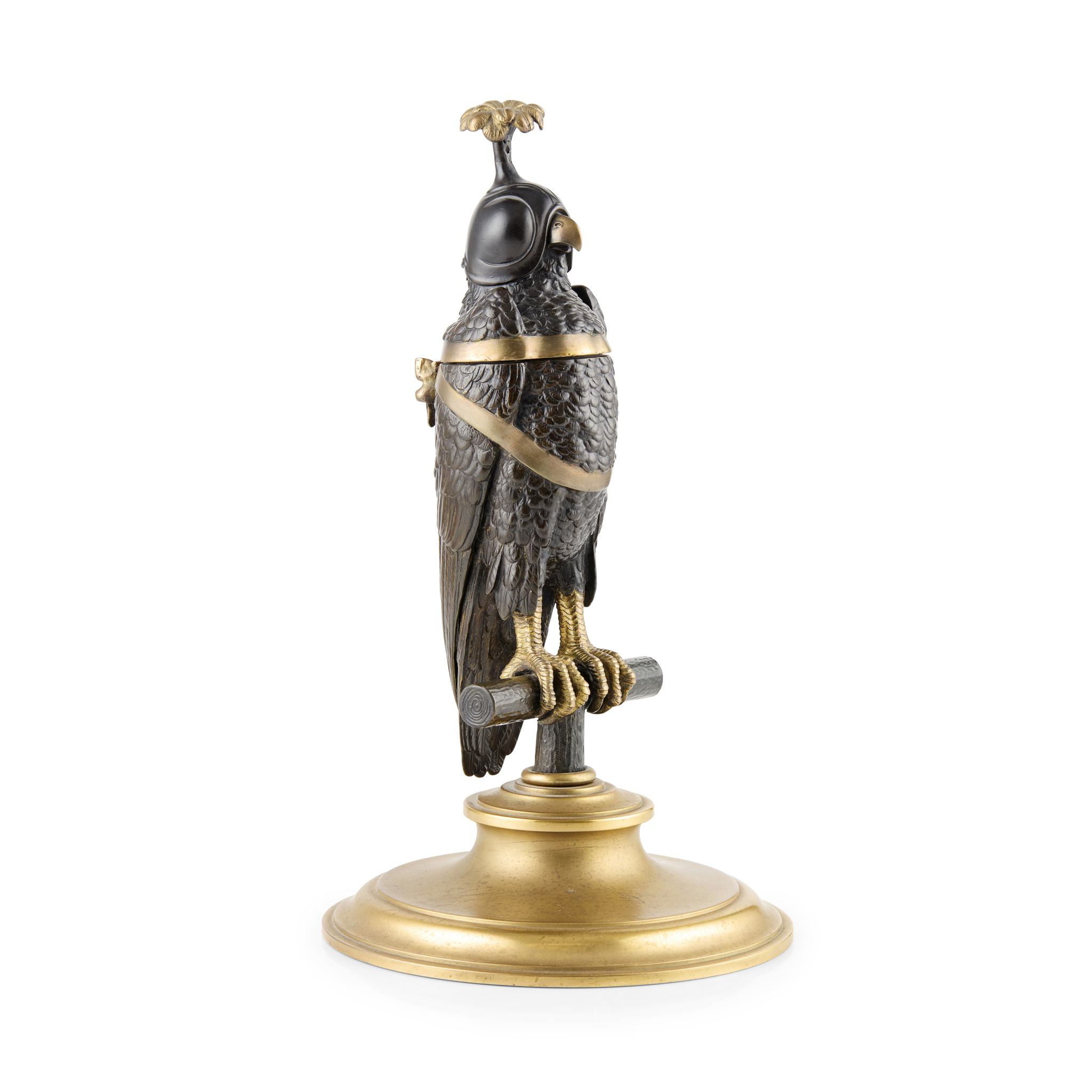 CONTINENTAL GILT AND PATINATED BRONZE FALCON INKWELL