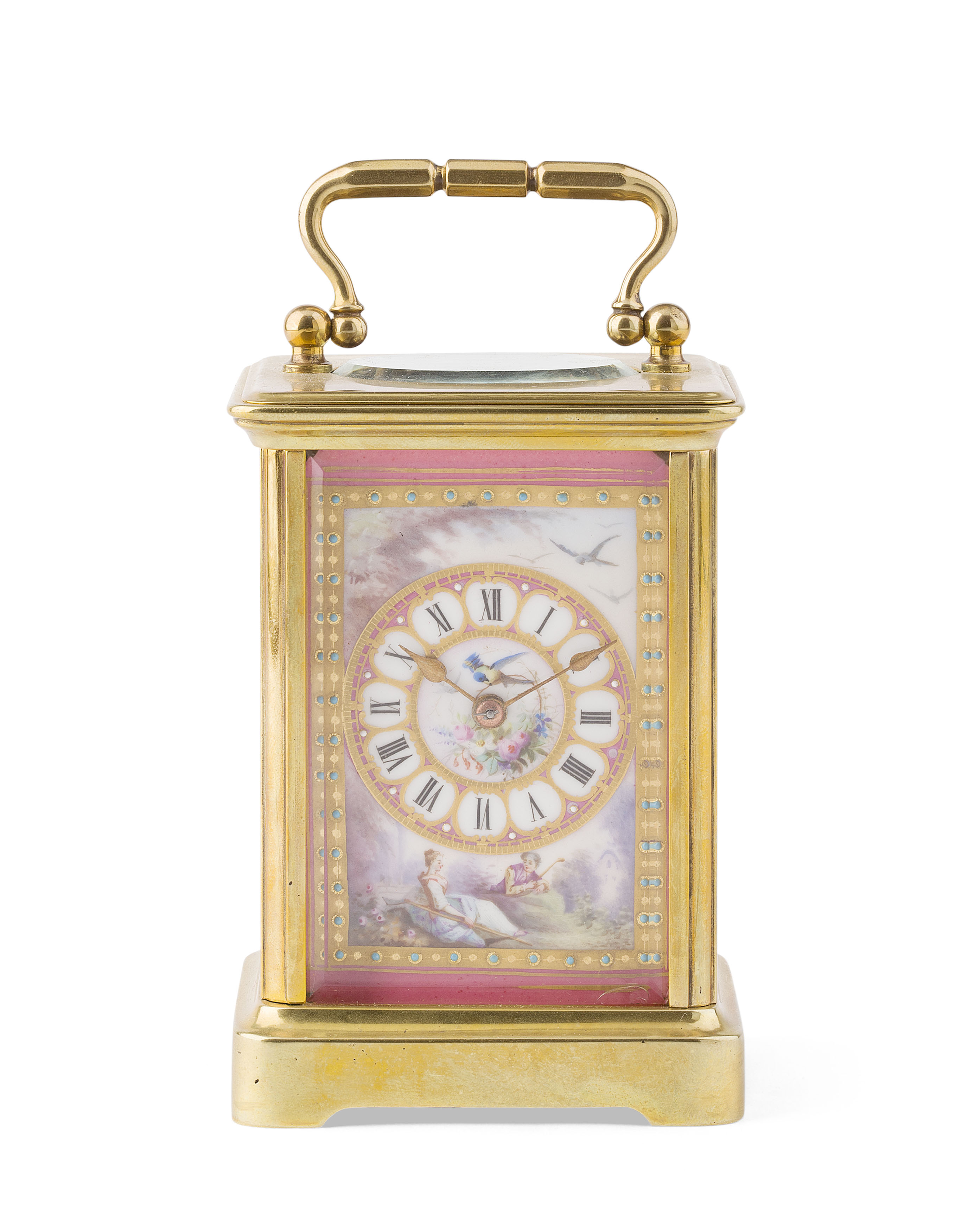 PORCELAIN MOUNTED BRASS CARRIAGE TIMEPIECE