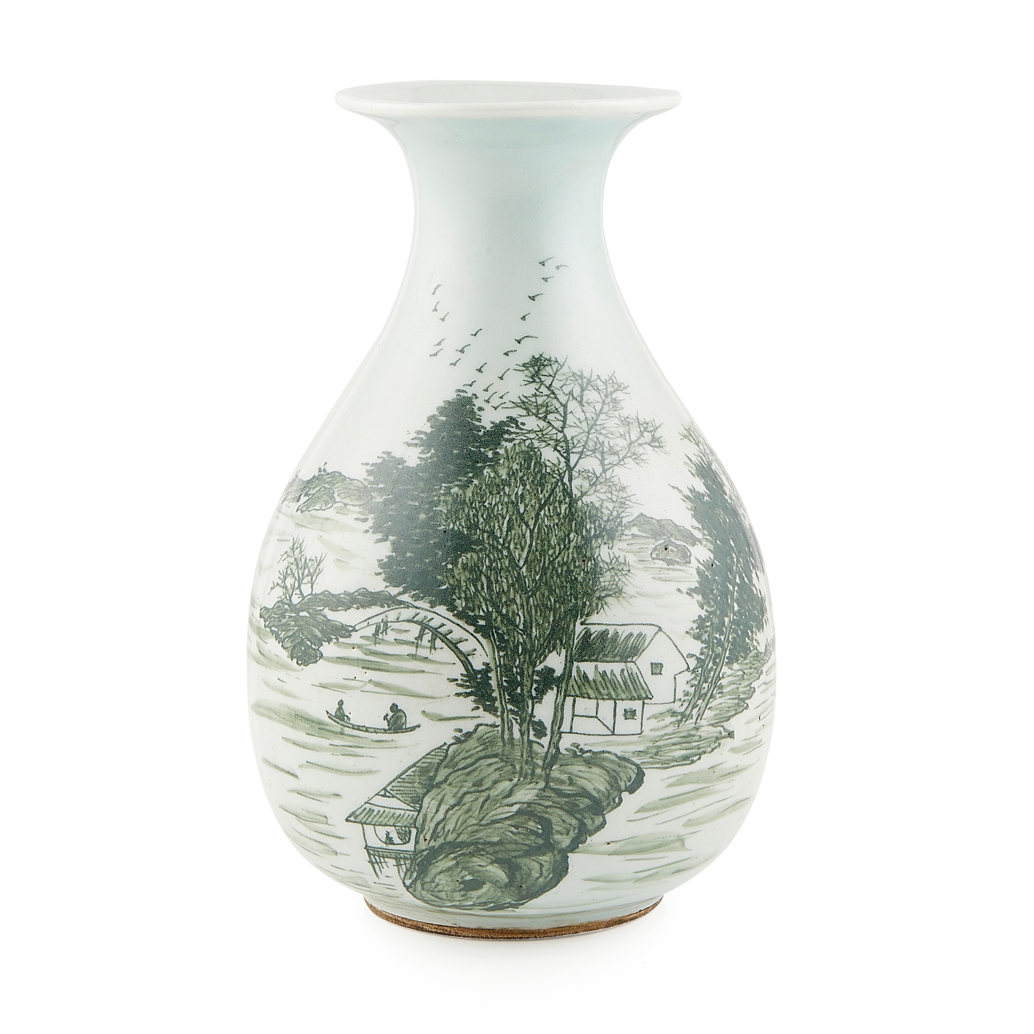 UNDERGLAZE GREEN 'LANDSCAPE' BOTTLE VASE