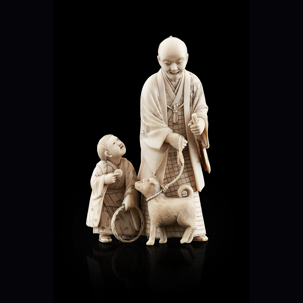 CARVED IVORY OKIMONO FIGURAL GROUP