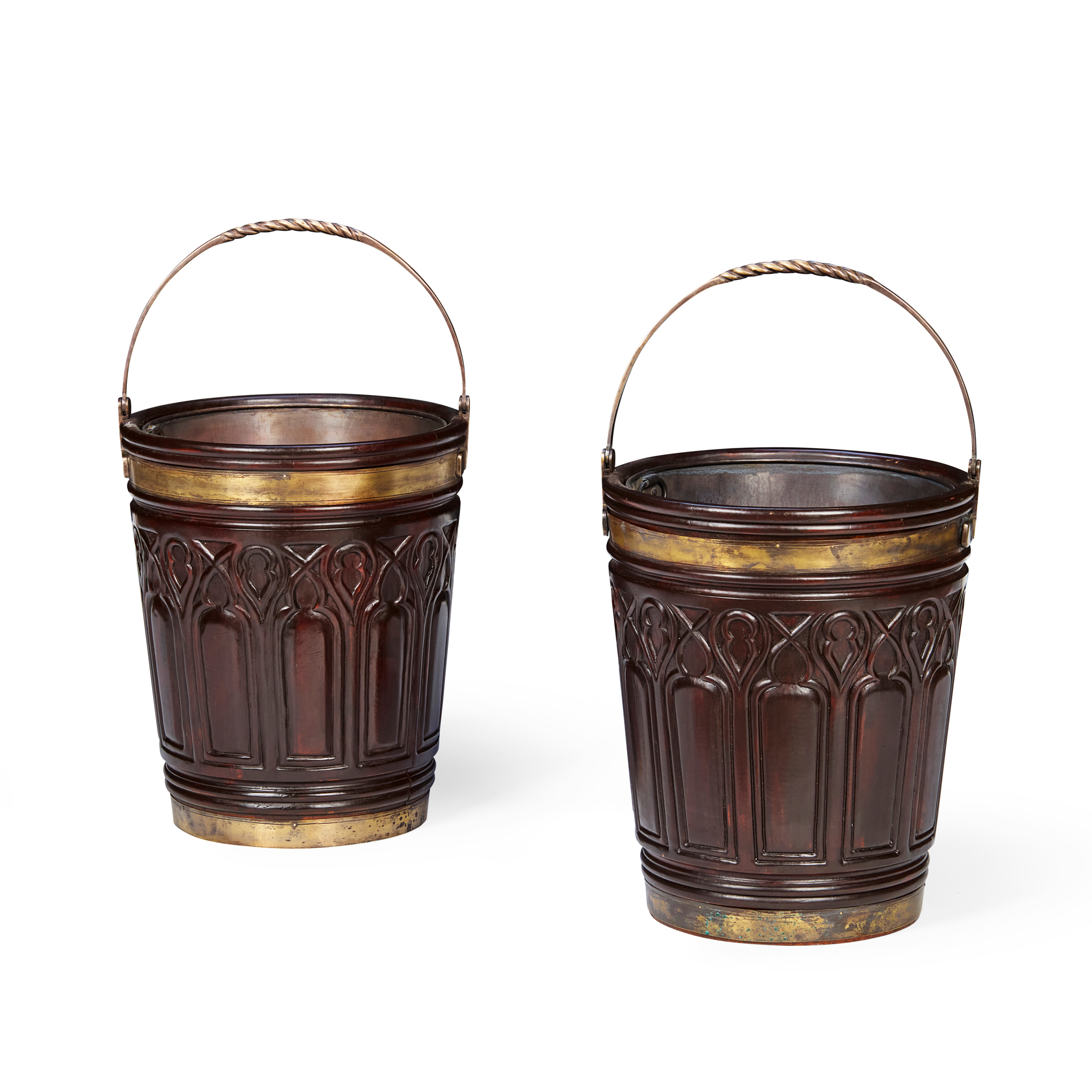 PAIR OF IRISH GEORGIAN STYLE MAHOGANY AND BRASS PEAT BUCKETS