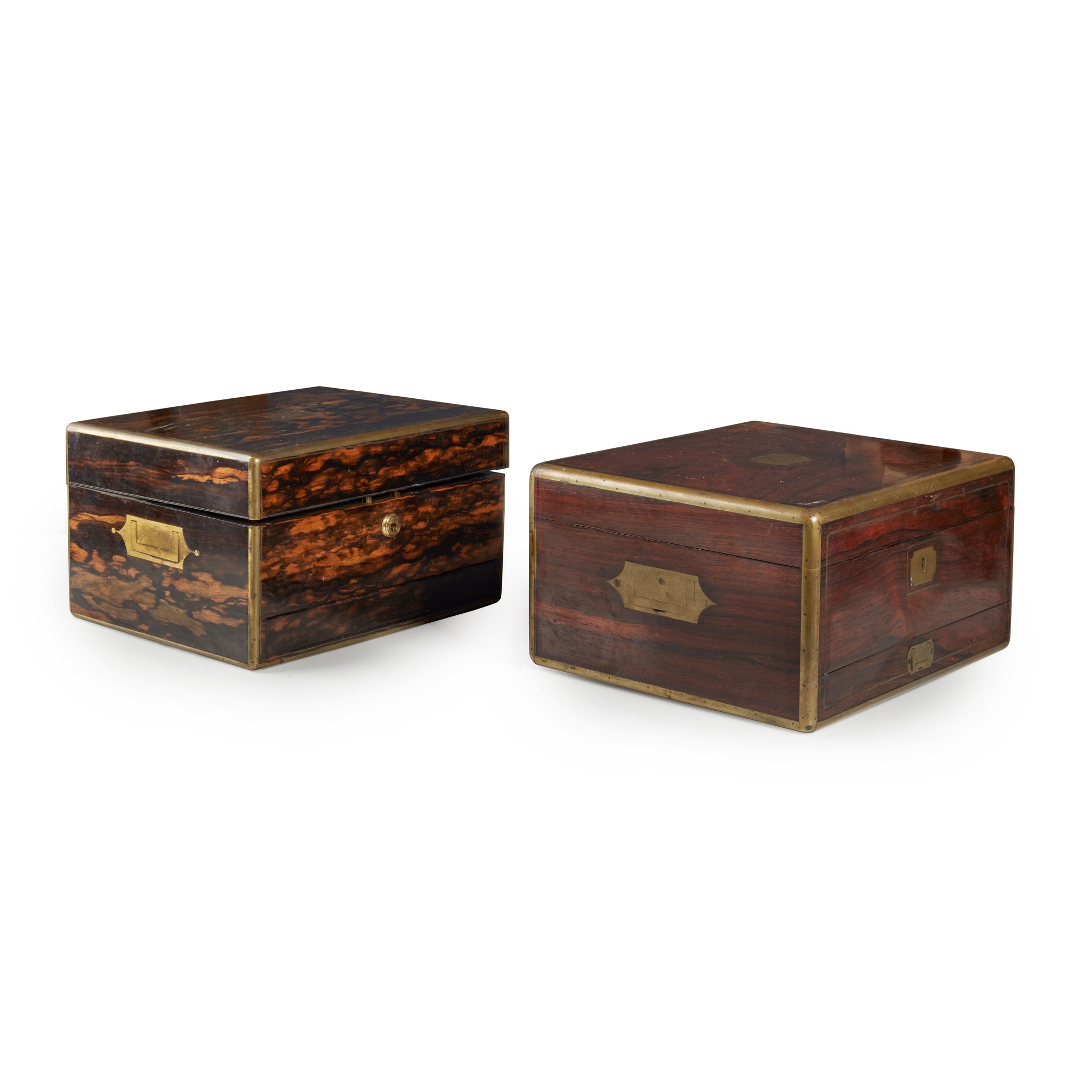 TWO VICTORIAN BRASS BANDED TOILET CASES