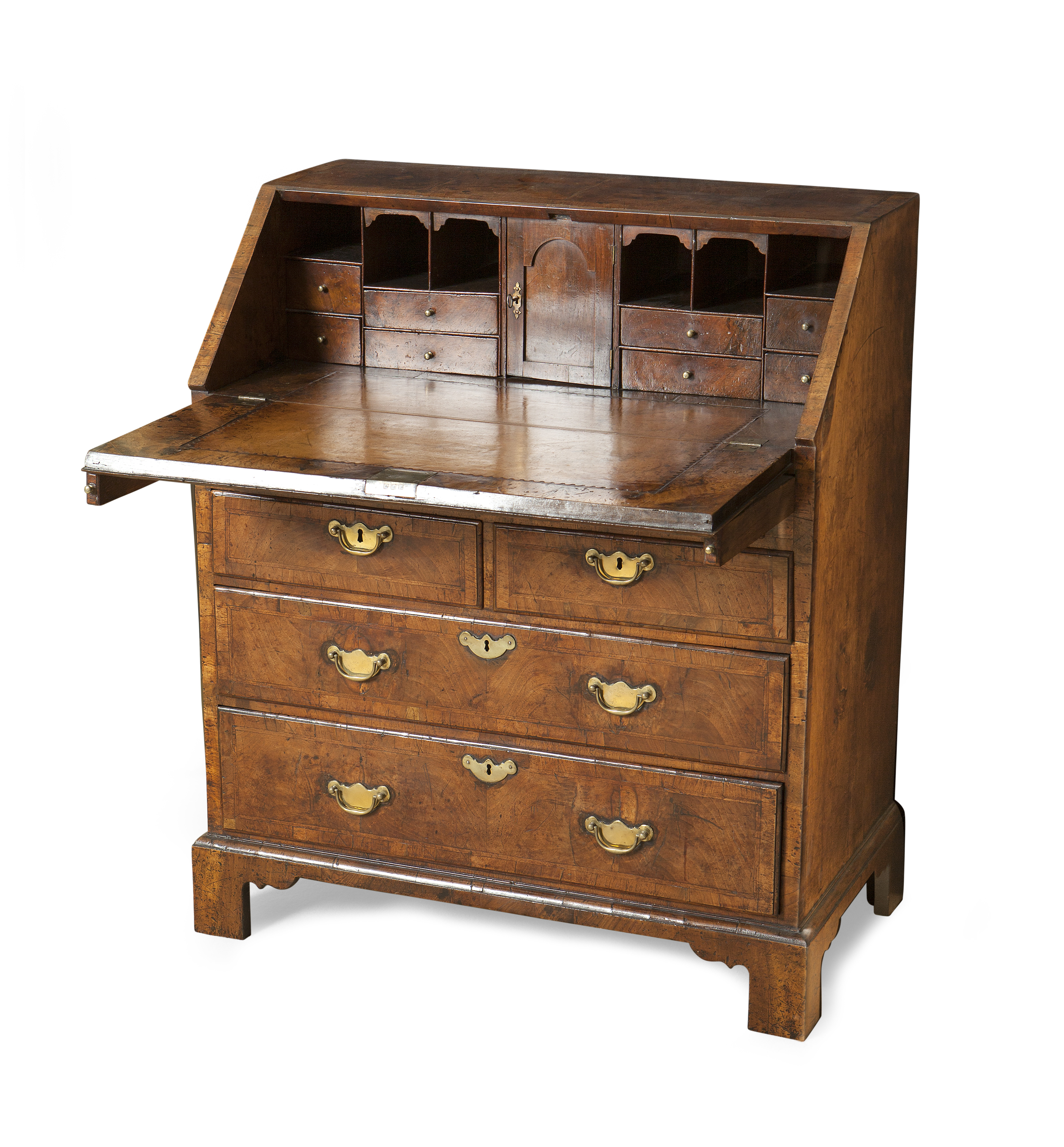 GOOD GEORGE I WALNUT AND FEATHERBANDED BUREAU