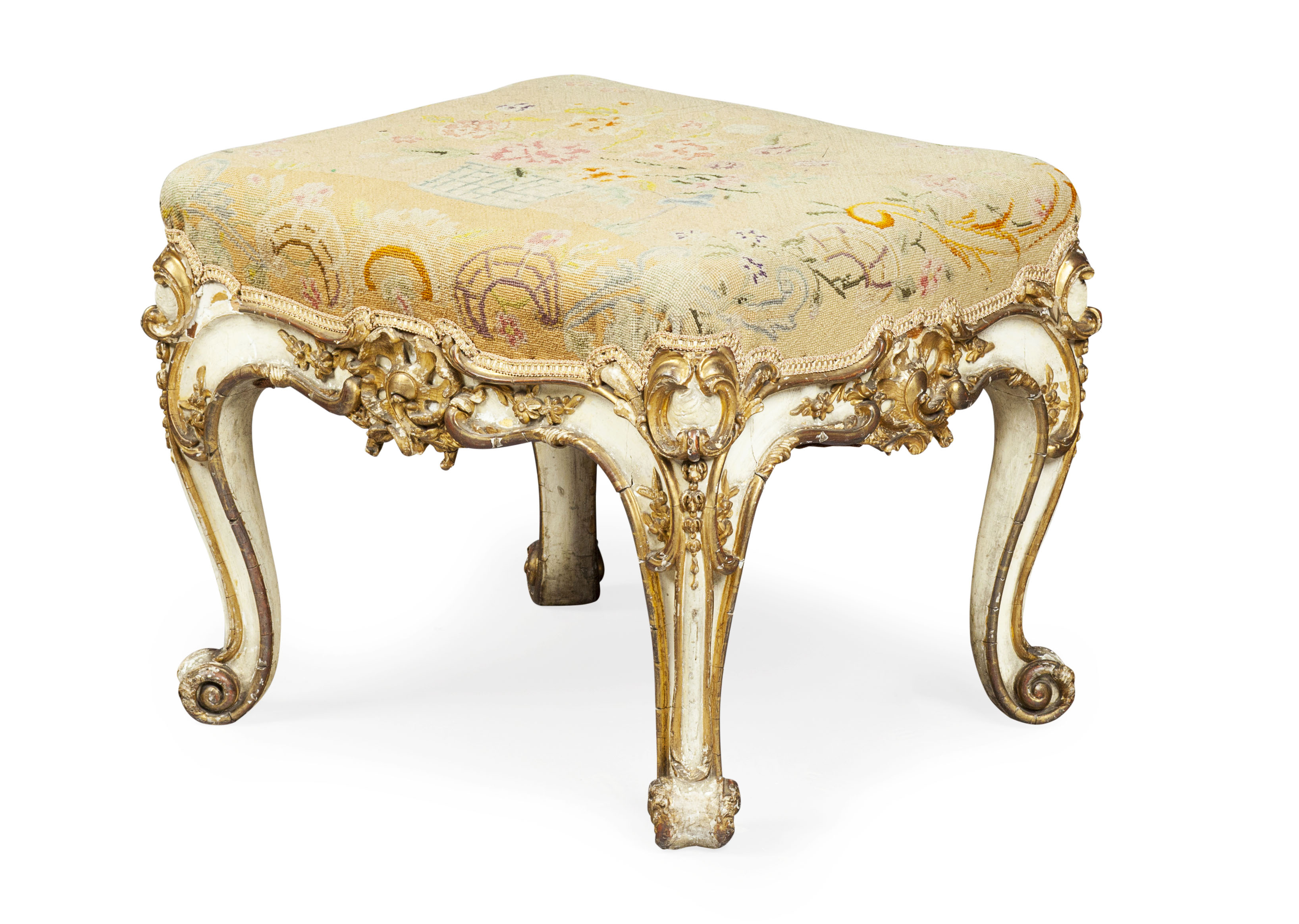 ROCOCO REVIVAL PAINTED AND PARCEL GILT NEEDLEWORK UPHOLSTERED STOOL