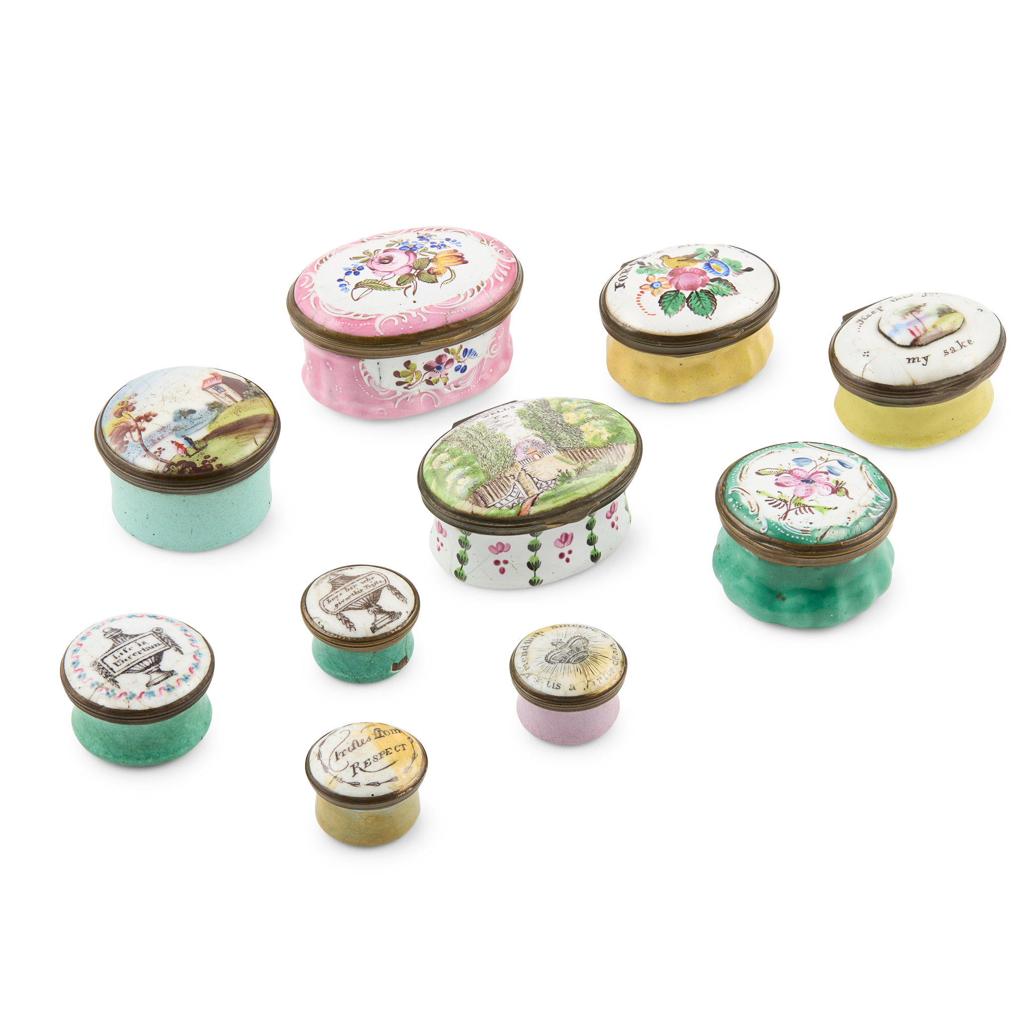 GROUP OF TEN ENGLISH ENAMEL PATCH BOXES