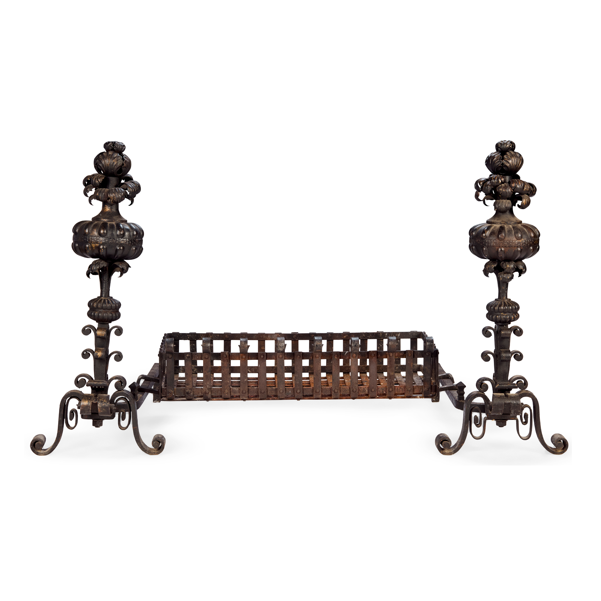 BAROQUE STYLE WROUGHT IRON FIRE DOGS AND GRATE