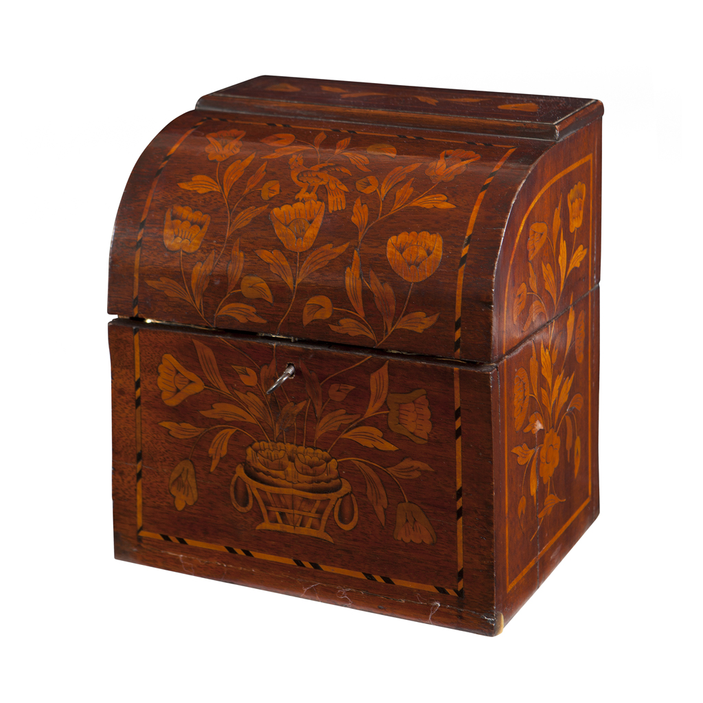 A DUTCH MAHOGANY AND FLORAL MARQUETRY DECANTER BOX