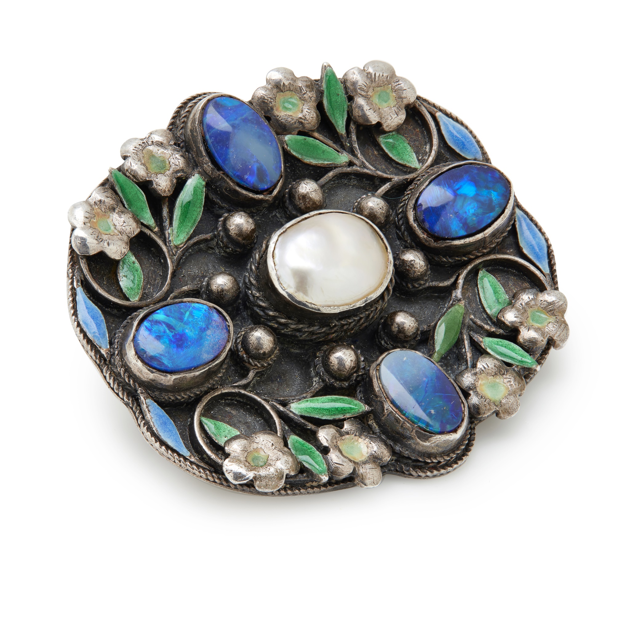 An Arts and Crafts opal, mother-of-pearl and enamel brooch, attributed to Arthur and Georgie Gaskin, circa 1912