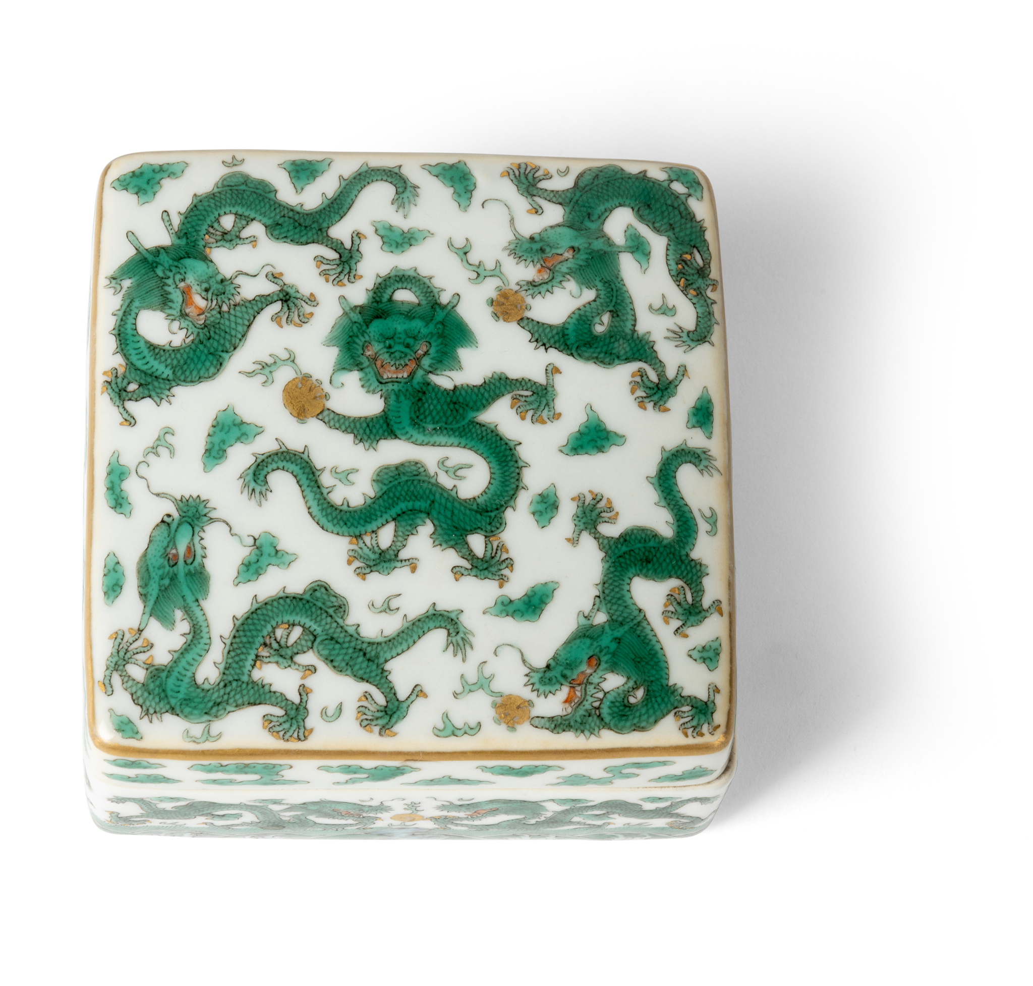 CHINESE GREEN-ENAMELED 'GRAGON' SQUARE BOX AND COVER