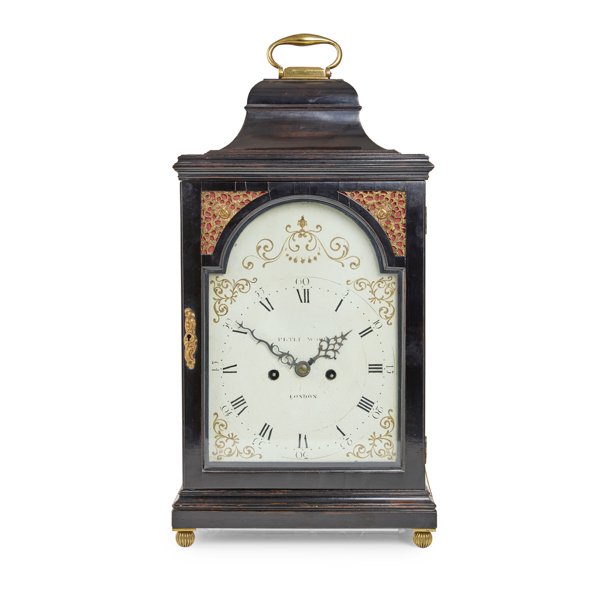 ENGLISH EBONISED REPEATING BRACKET CLOCK, BY PETER WOOD, LONDON