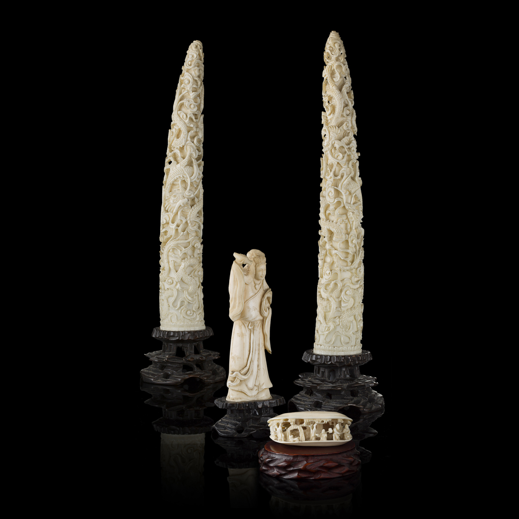 PAIR OF CARVED IVORY TUSKS