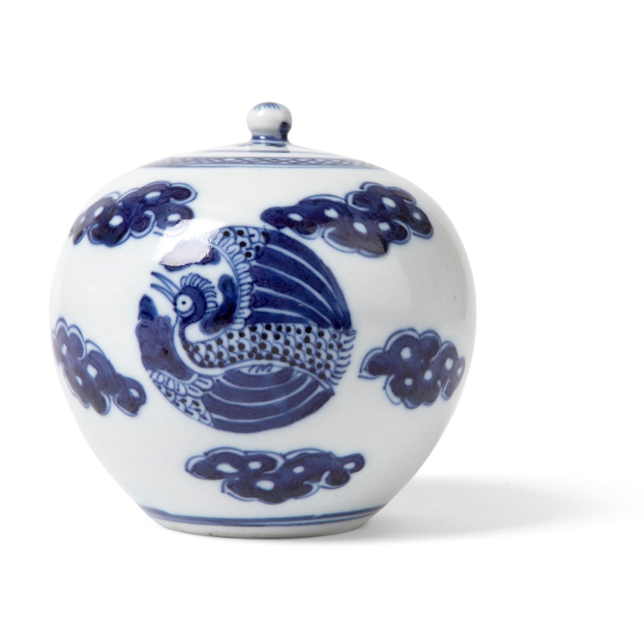 BLUE AND WHITE 'CRANE' LIDDED JAR