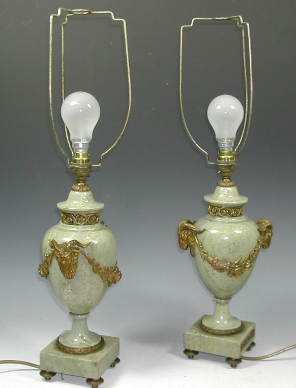 A pair of gilt metal mounted green hardstone table lamps,