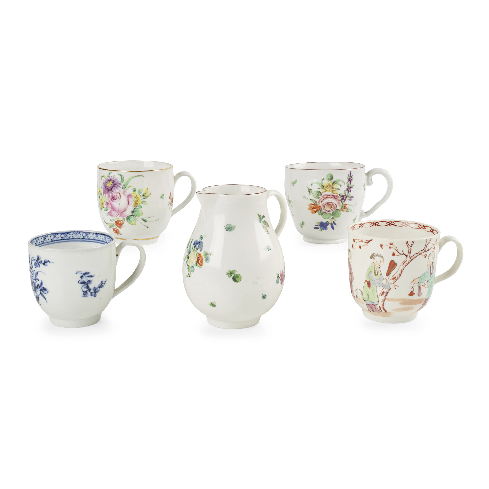 BRISTOL PORCELAIN SPARROW BEAK JUG AND FOUR BRISTOL CUPS
