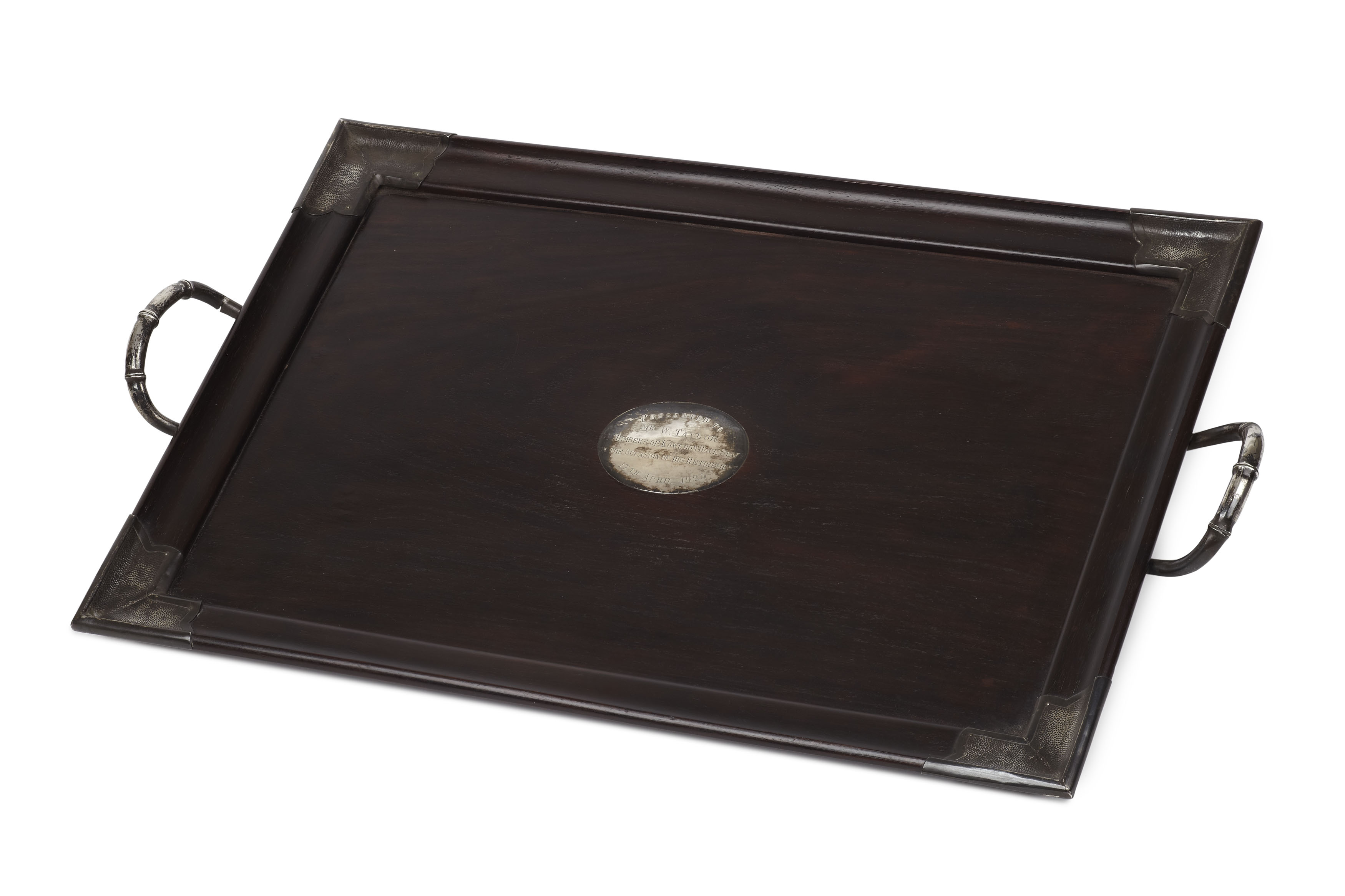 CHINESE SILVER MOUNTED HARDWOOD TRAY