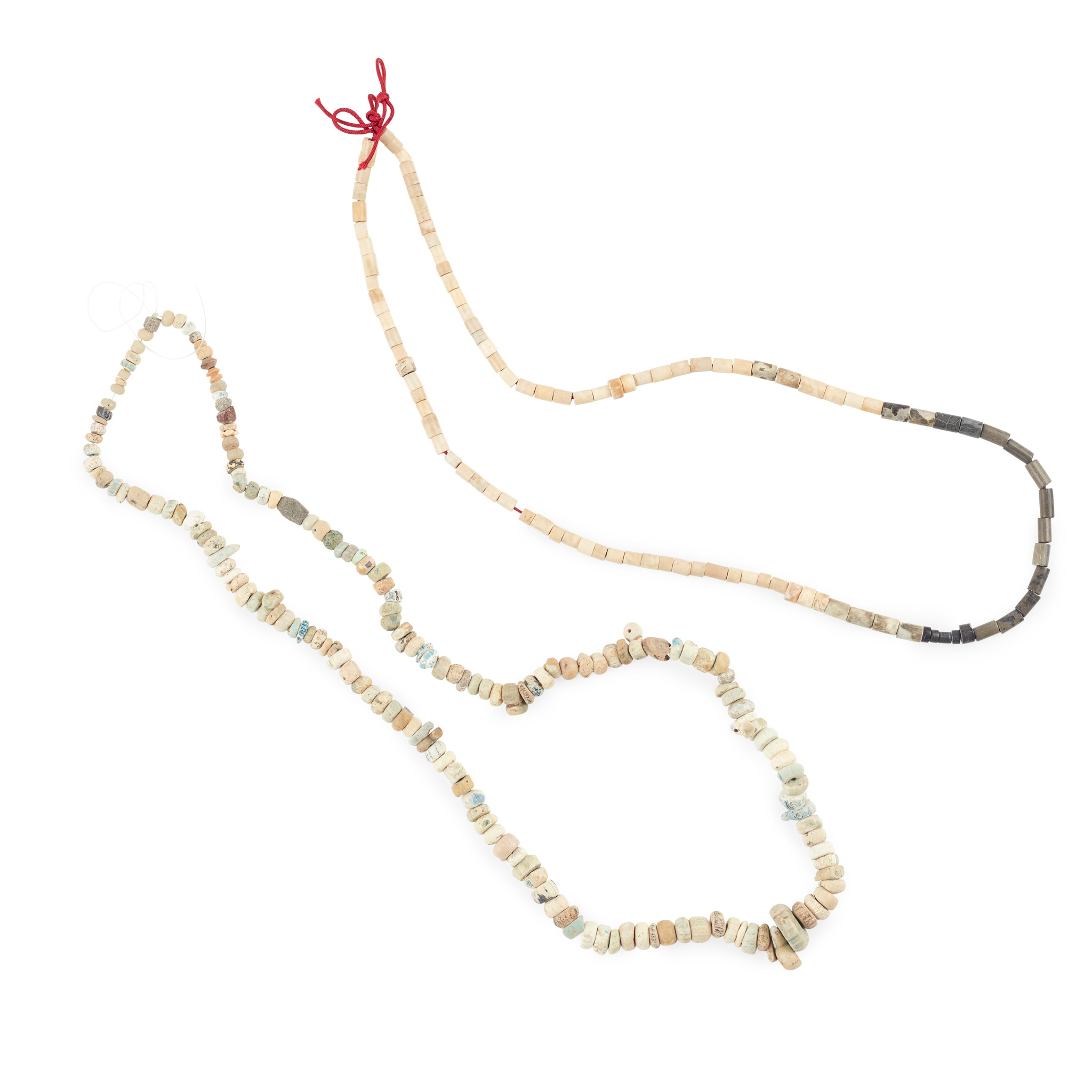 TWO ARCHAIC JADE AND GLASS NECKLACES